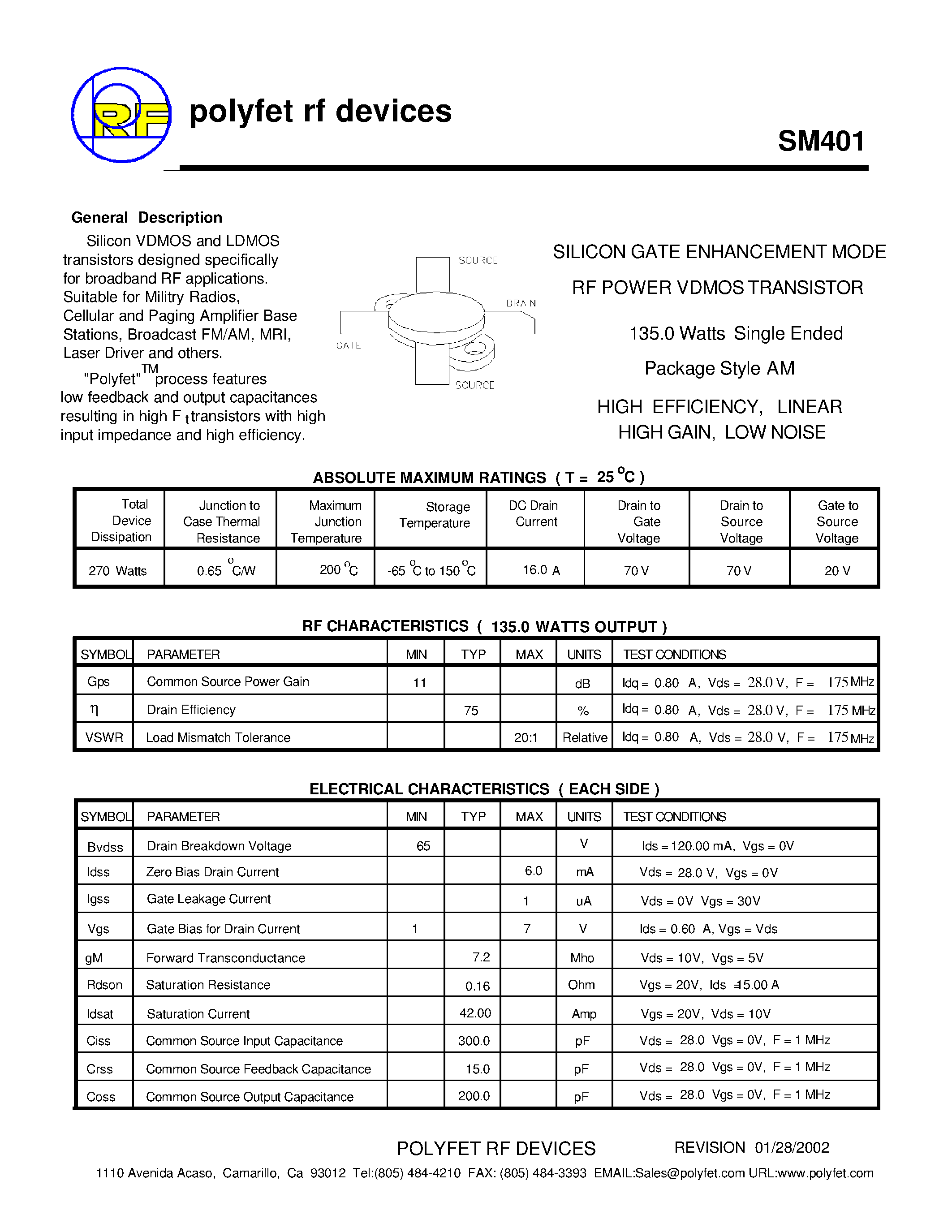 Datasheet SM401 - SILICON GATE ENHANCEMENT MODE RF POWER VDMOS TRANSISTOR page 1