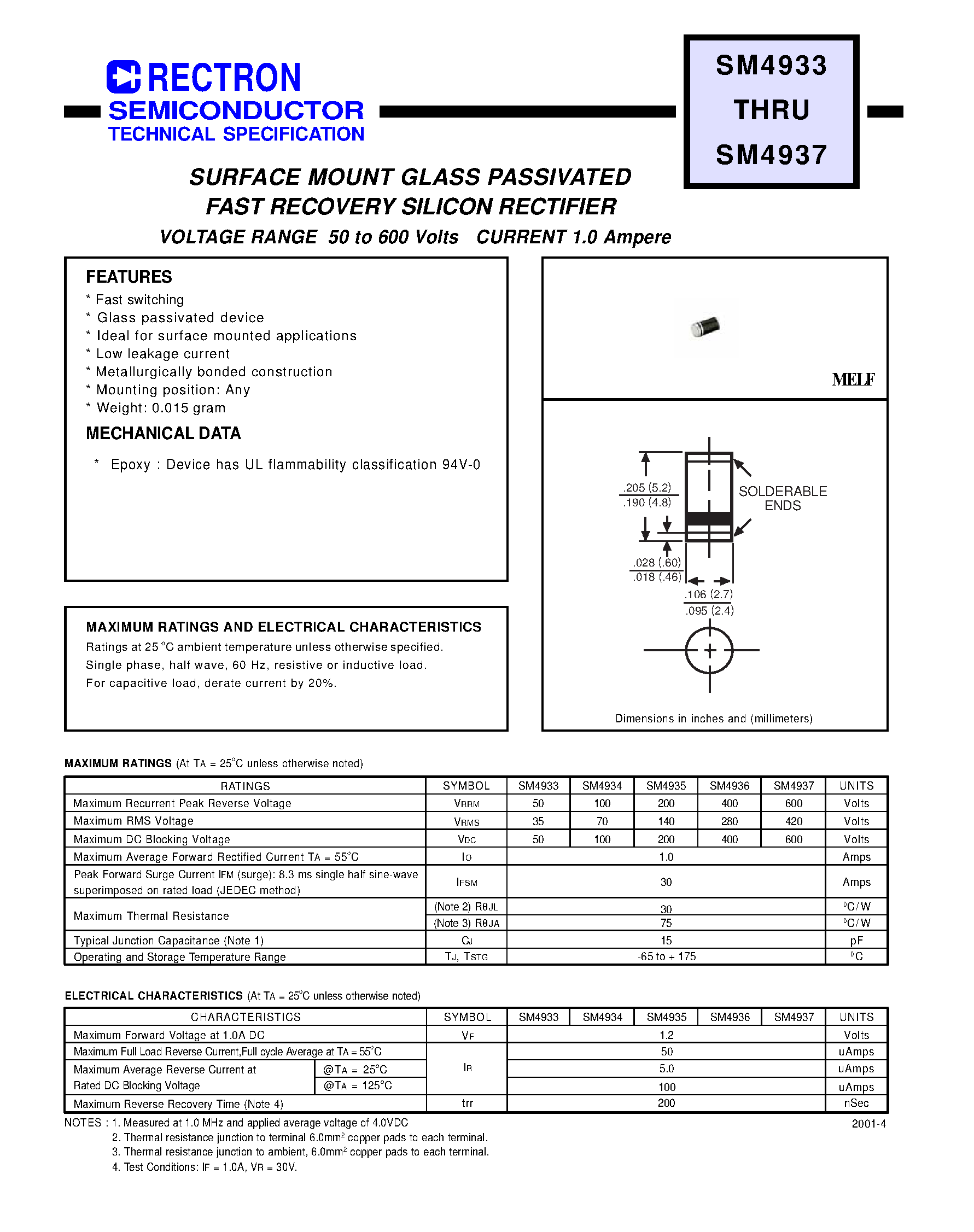 Datasheet SM4933 - SURFACE MOUNT GLASS PASSIVATED FAST RECOVERY SILICON RECTIFIER (VOLTAGE RANGE 50 to 600 Volts CURRENT 1.0 Ampere) page 1