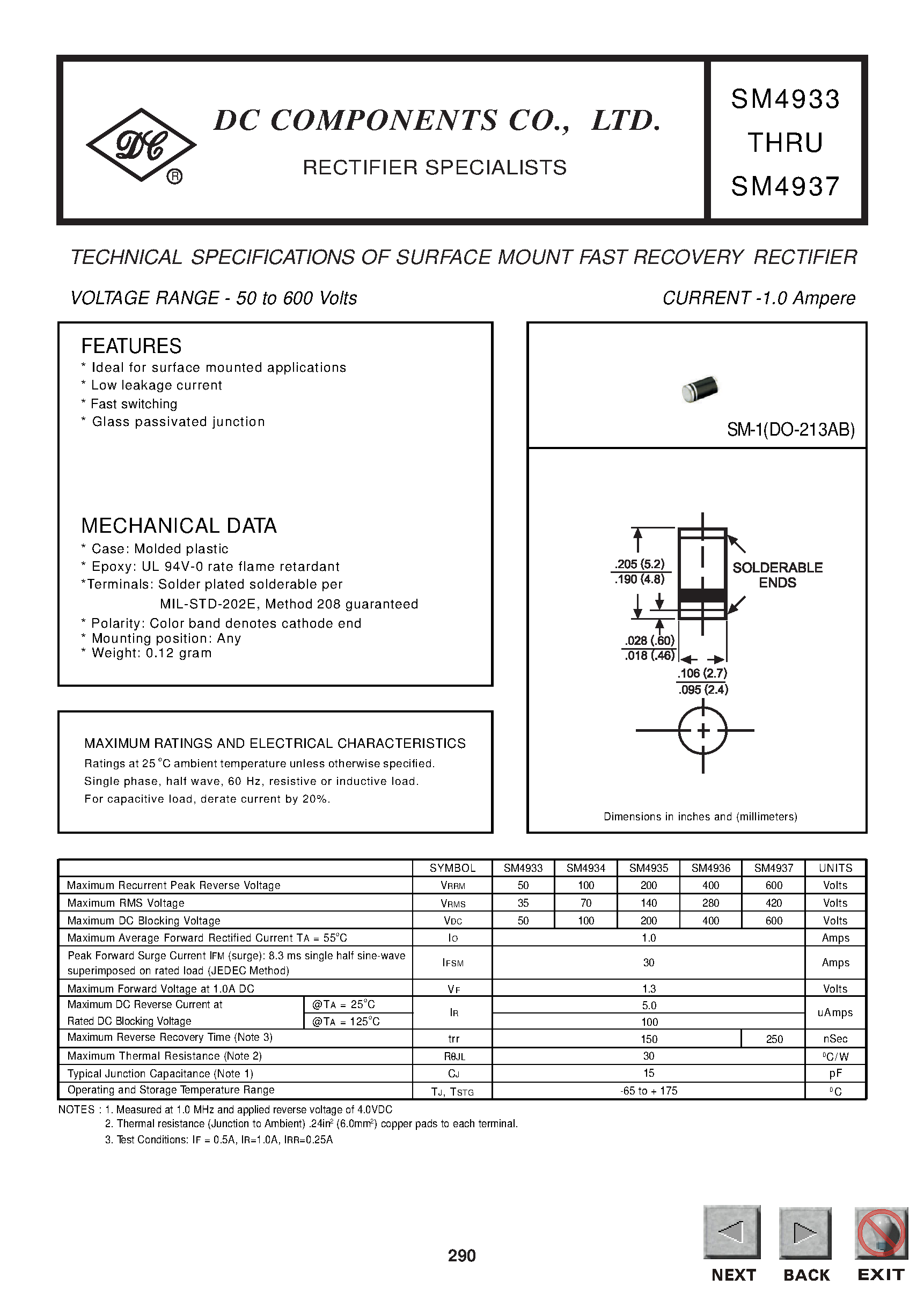 Datasheet SM4933 - TECHNICAL SPECIFICATIONS OF SURFACE MOUNT FAST RECOVERY RECTIFIER page 1