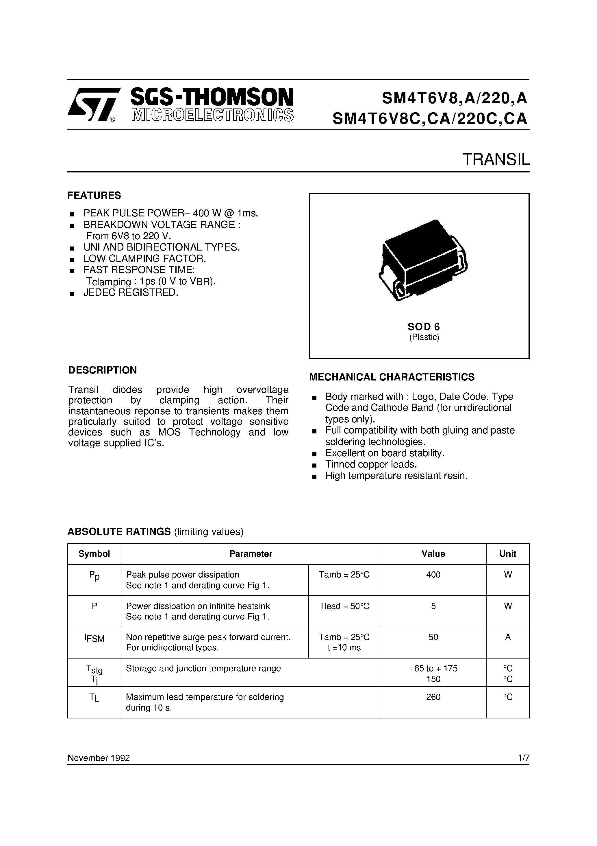 Datasheet SM4T10 - TRANSIL page 1