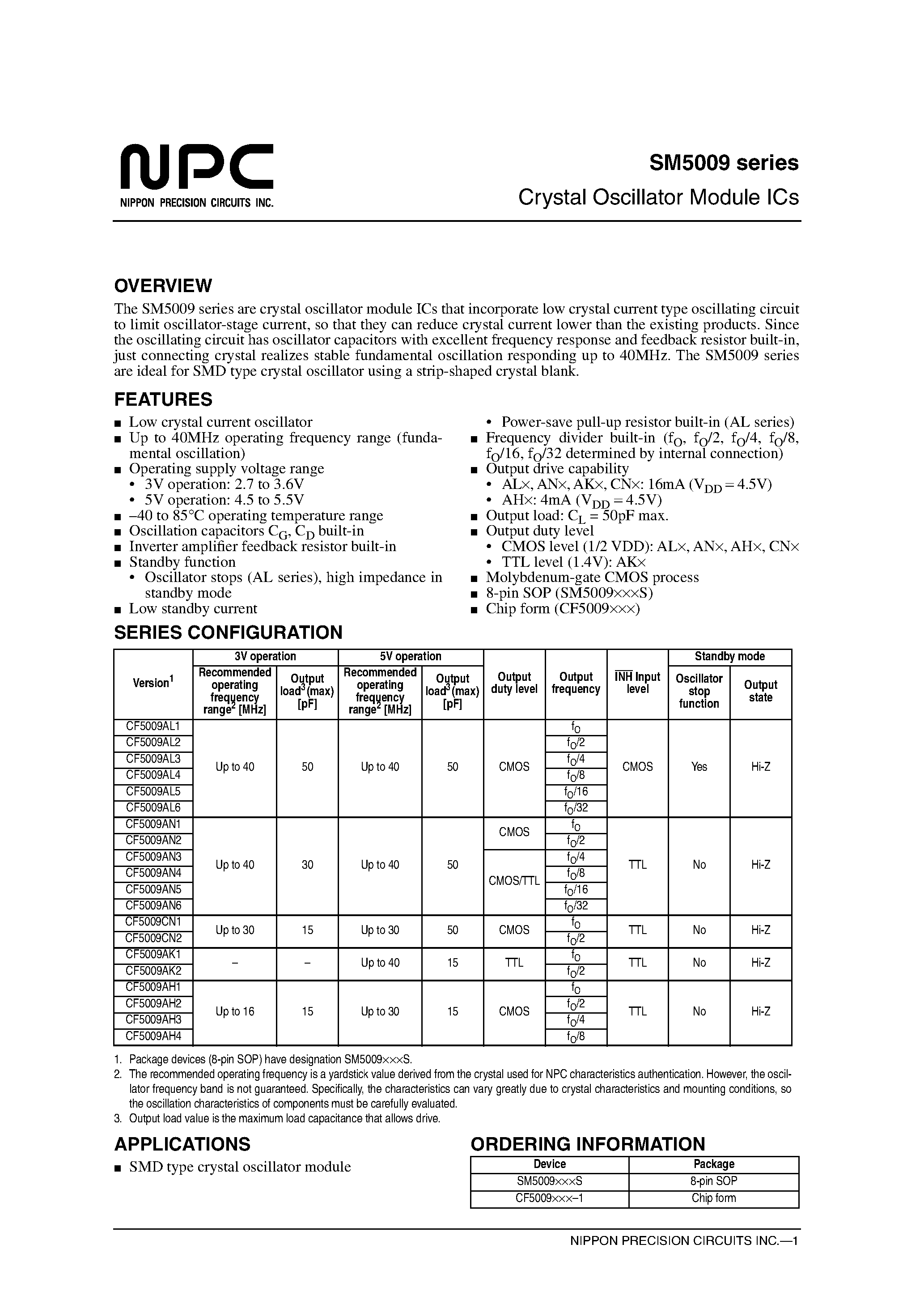 Datasheet SM5009 - Crystal Oscillator Module ICs page 1