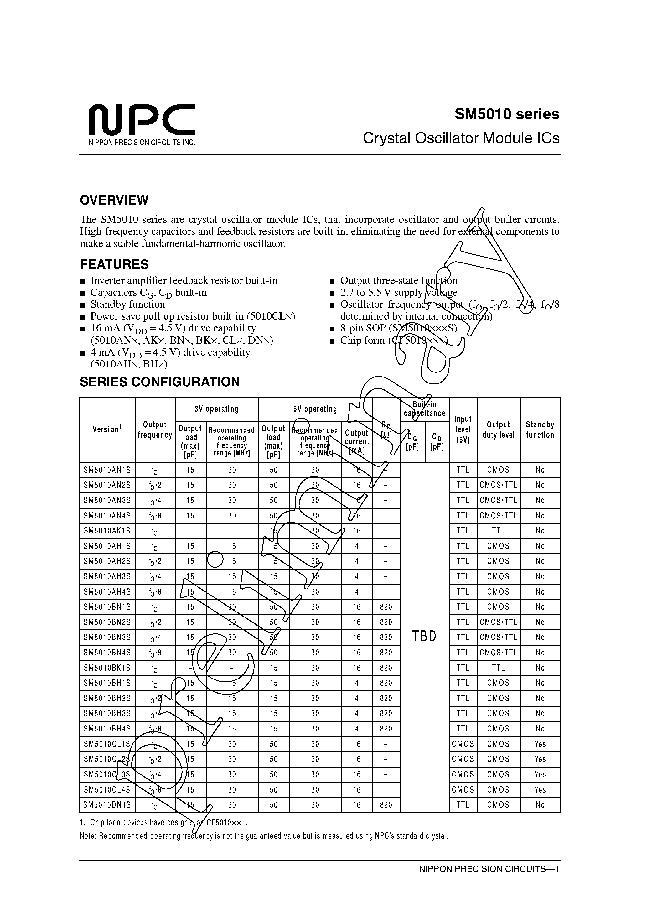 Datasheet SM5010 - Crystal Oscillator Module ICs page 1