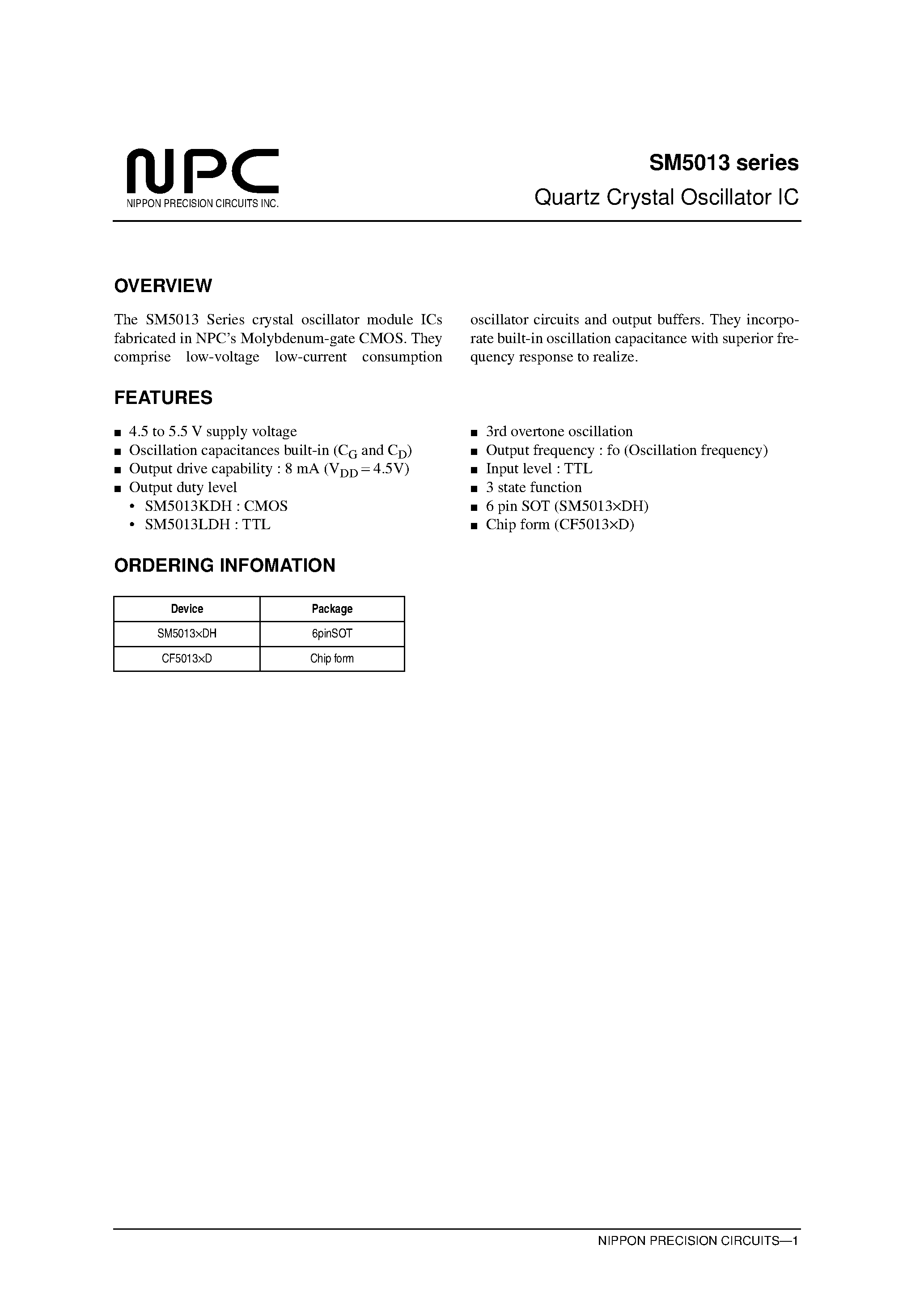 Datasheet SM5013 - Quartz Crystal Oscillator IC page 1