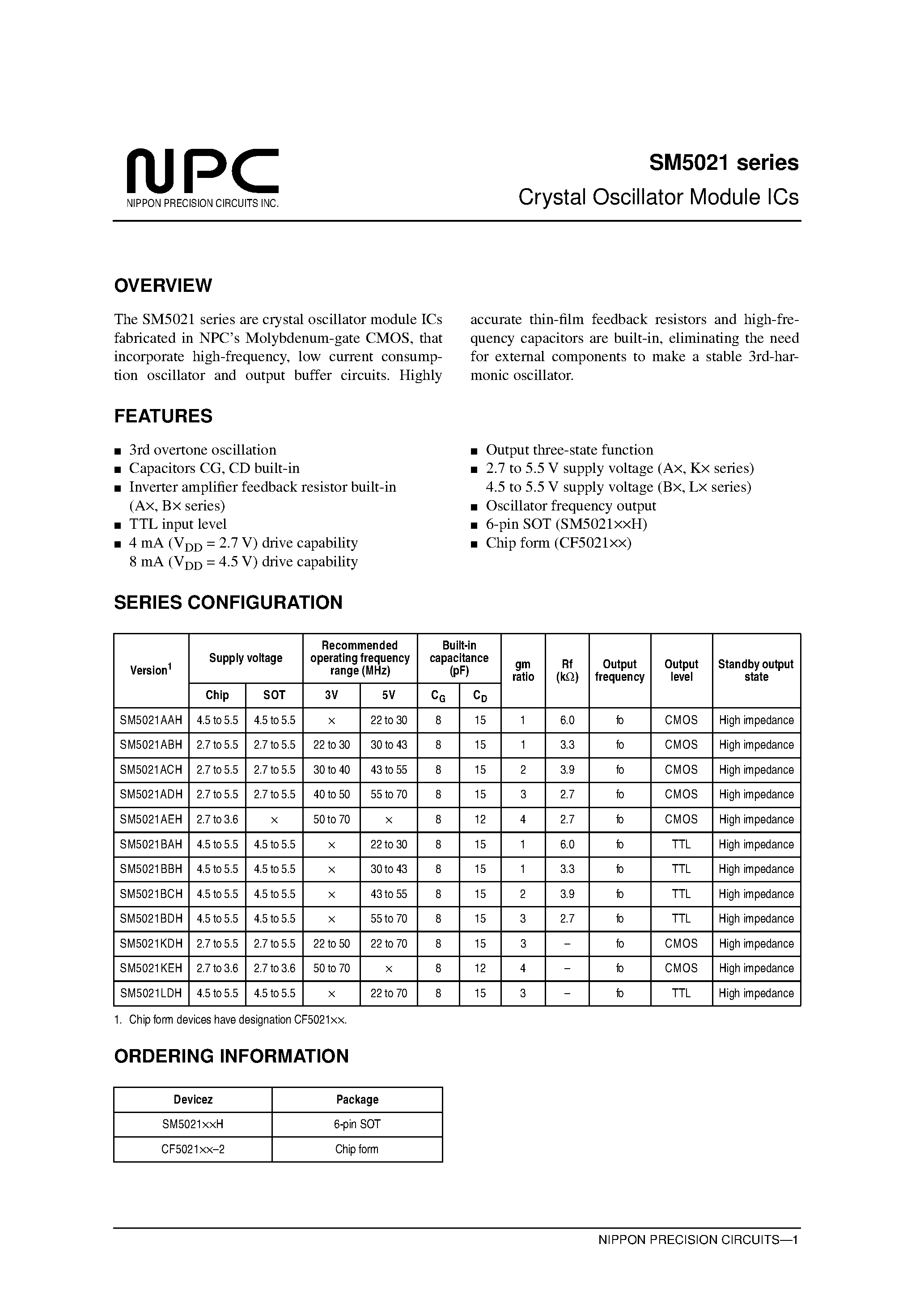 Datasheet SM5021 - Crystal Oscillator Module ICs page 1