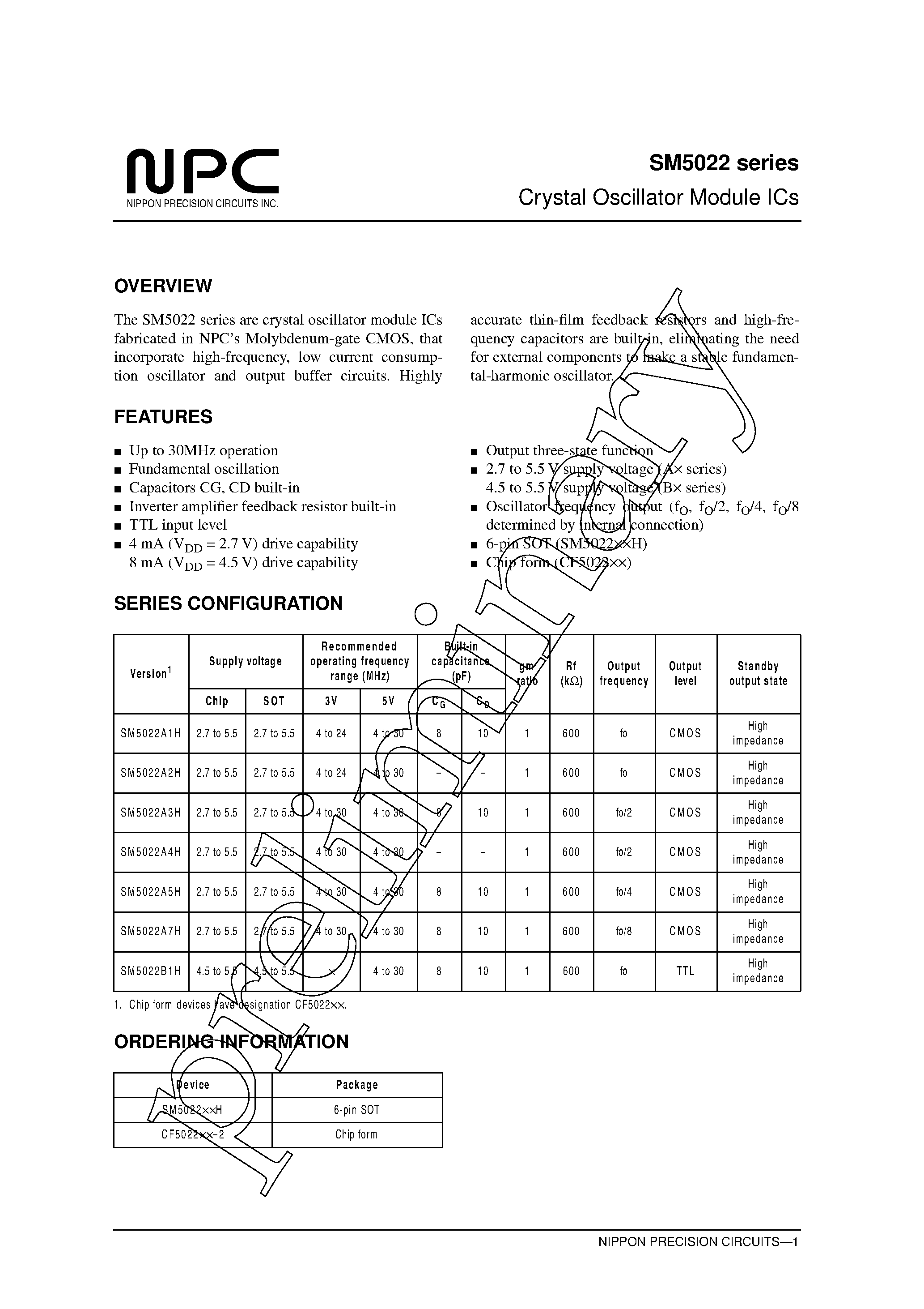 Datasheet SM5022 - Crystal Oscillator Module ICs page 1