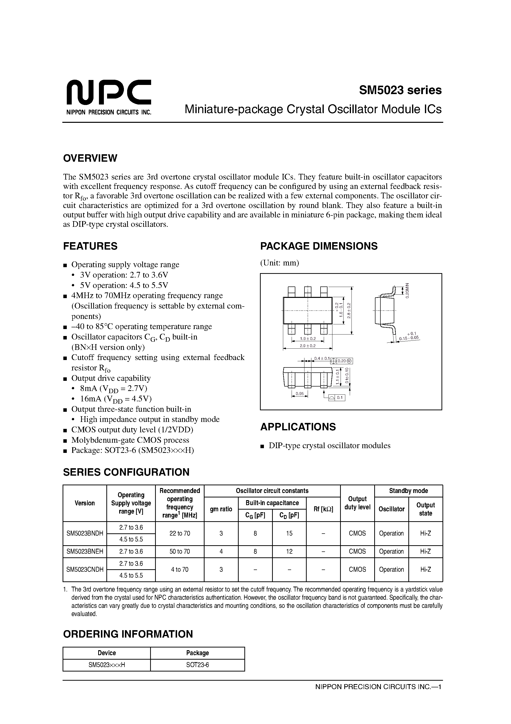 Datasheet SM5023 - Miniature-package Crystal Oscillator Module ICs page 1