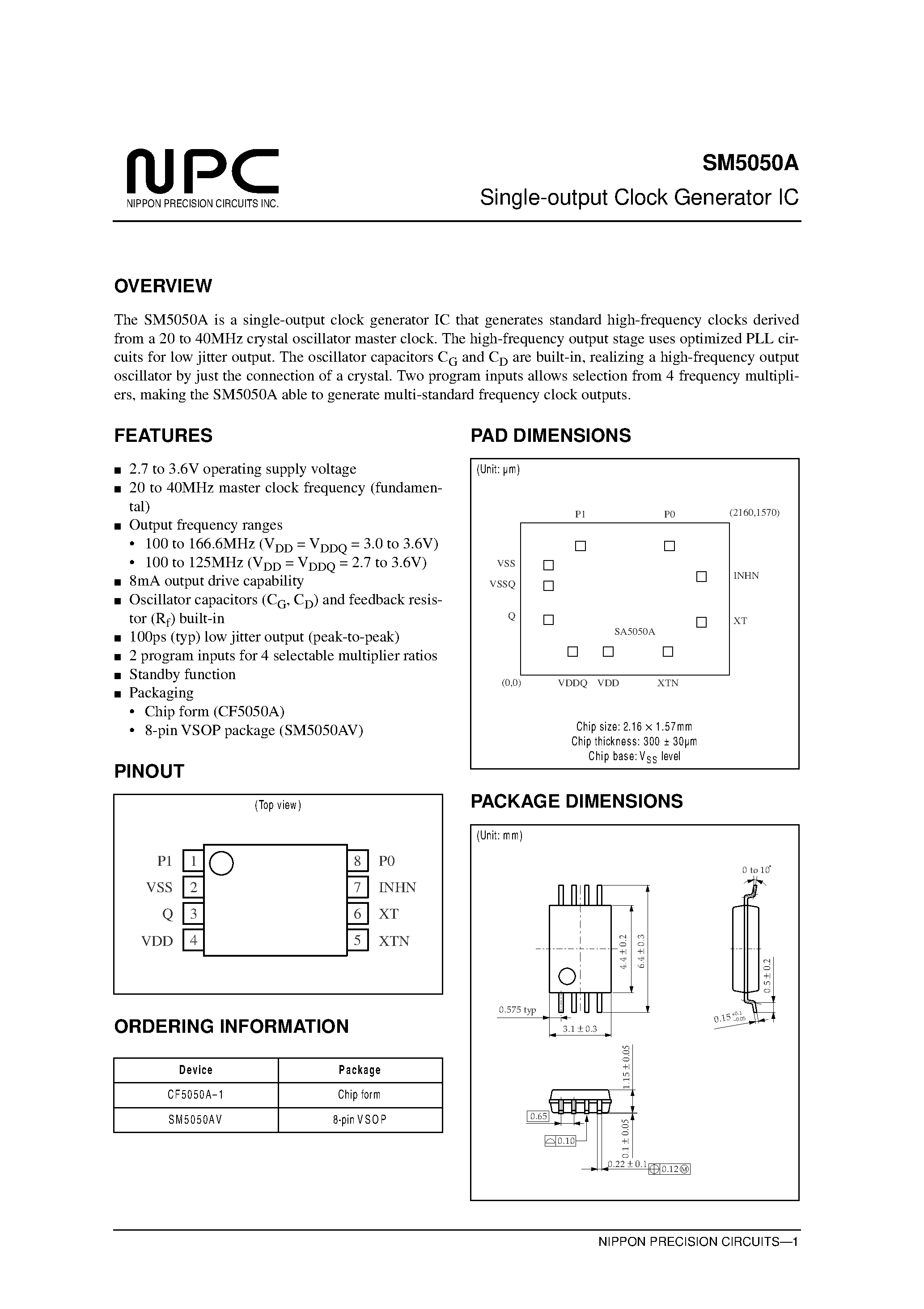 Datasheet SM5050A - Single-output Clock Generator IC page 1