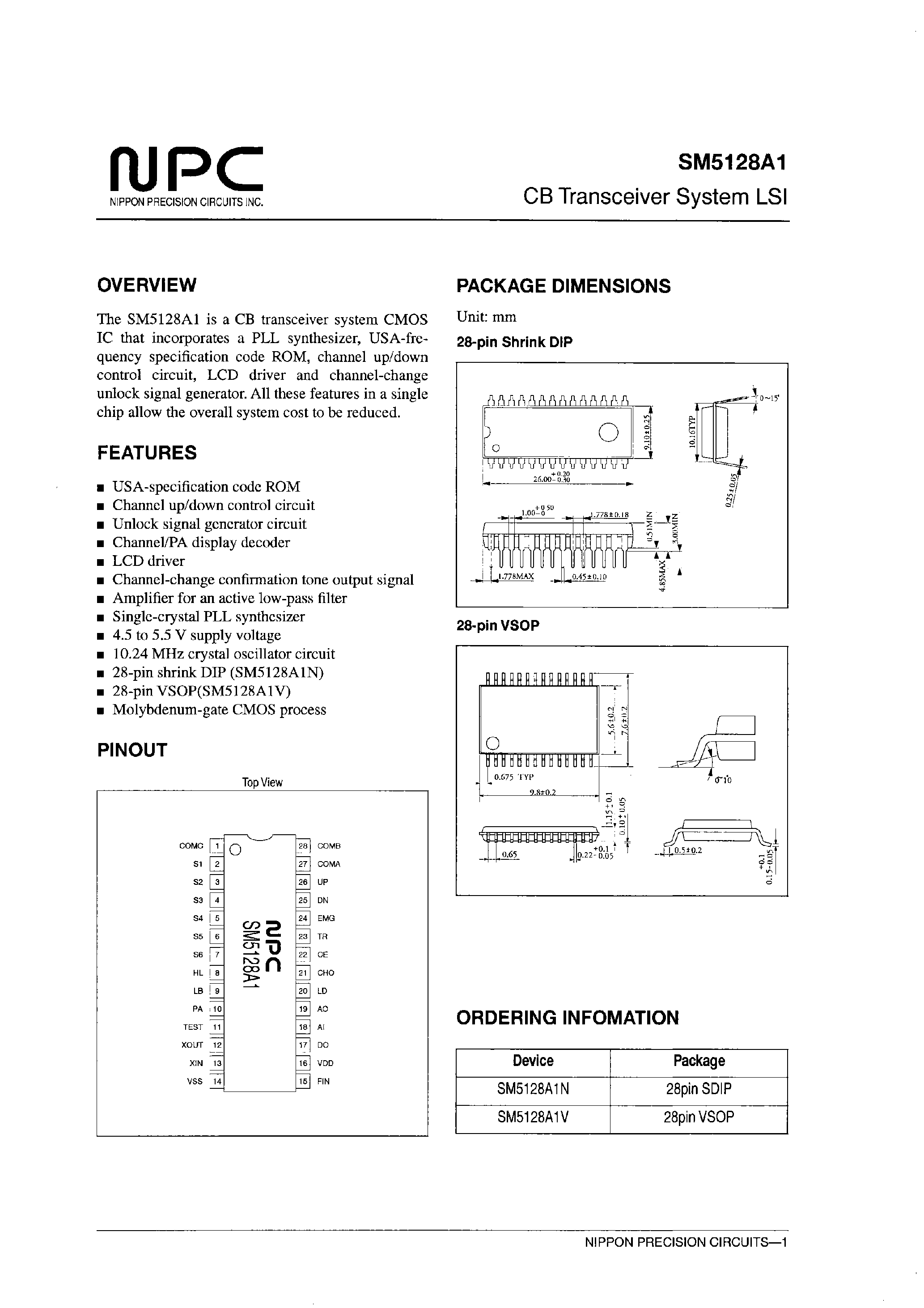 Datasheet SM5128A1 - CB Transceiver System LSI page 1