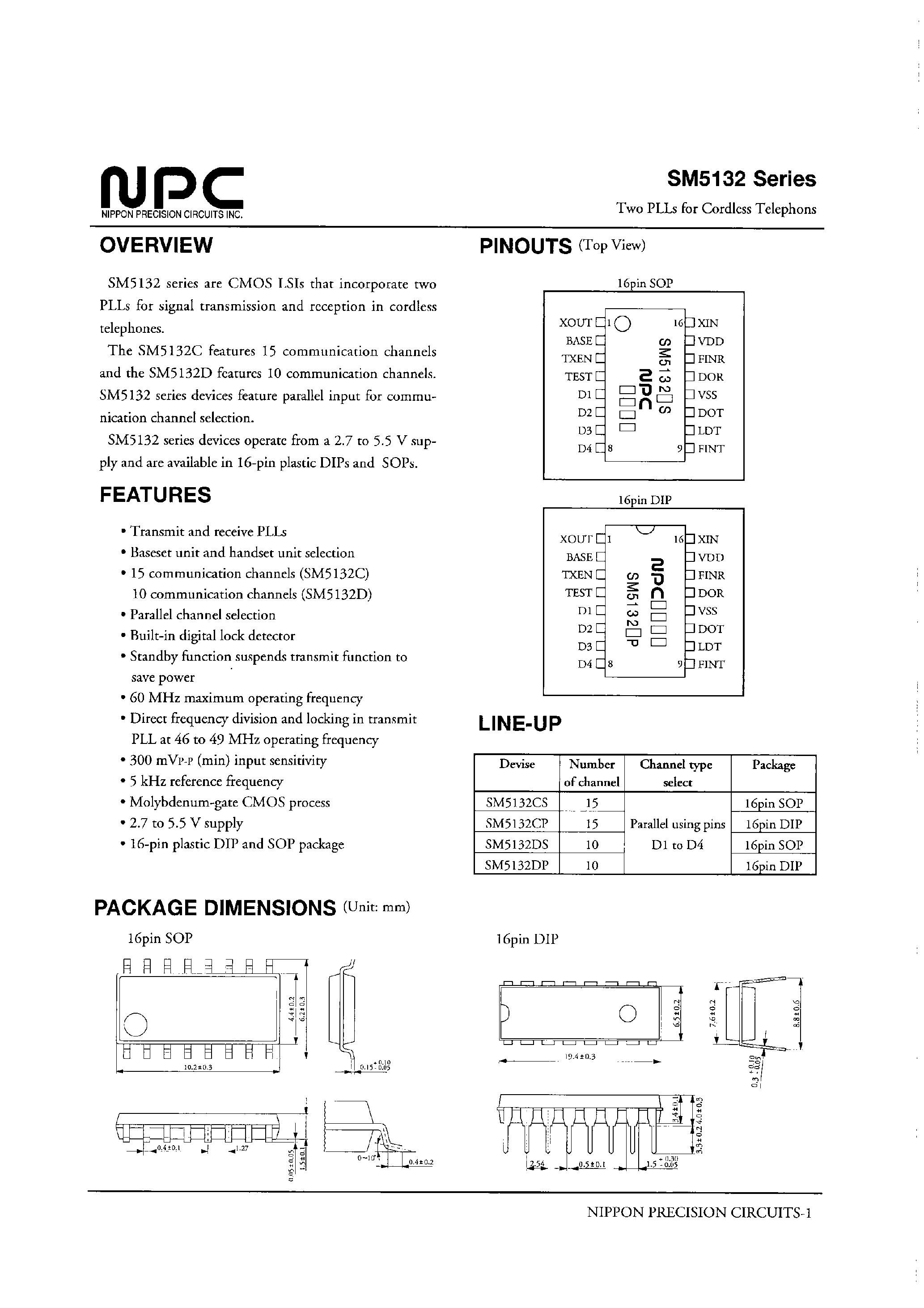 Datasheet SM5132 - Two PLLs for Cordless Telephons page 1