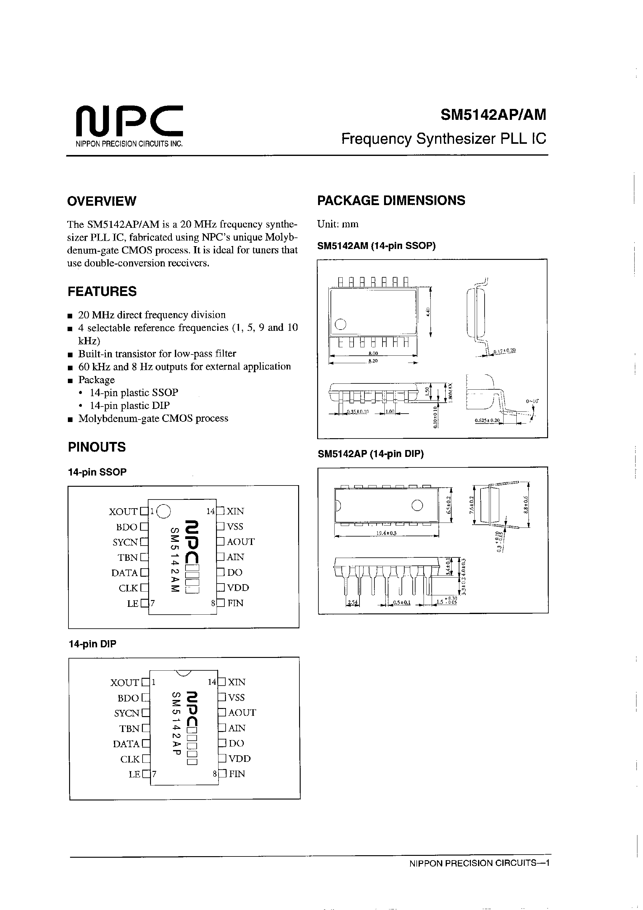 Datasheet SM5142AM - Frequency Synthesizer PLL IC page 1