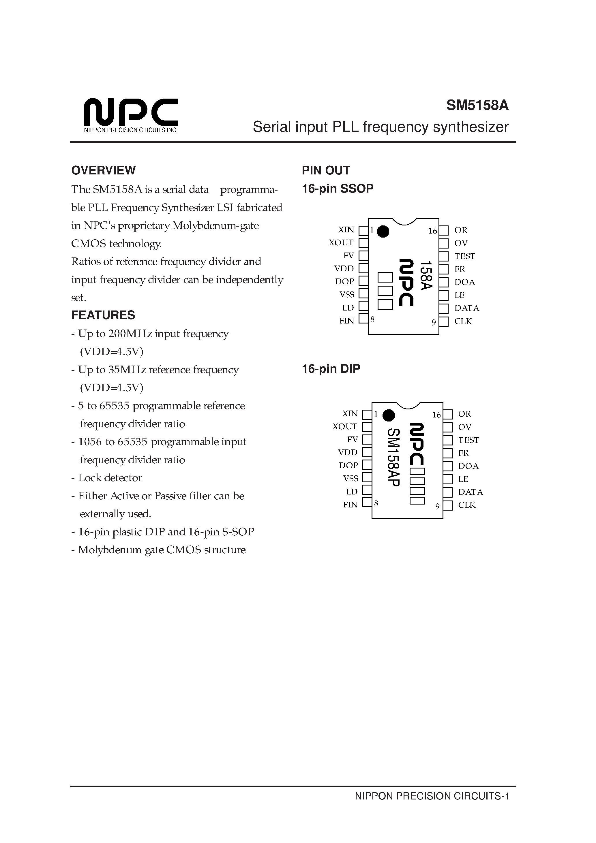 Datasheet SM5158 - Serial input PLL frequency synthesizer page 1