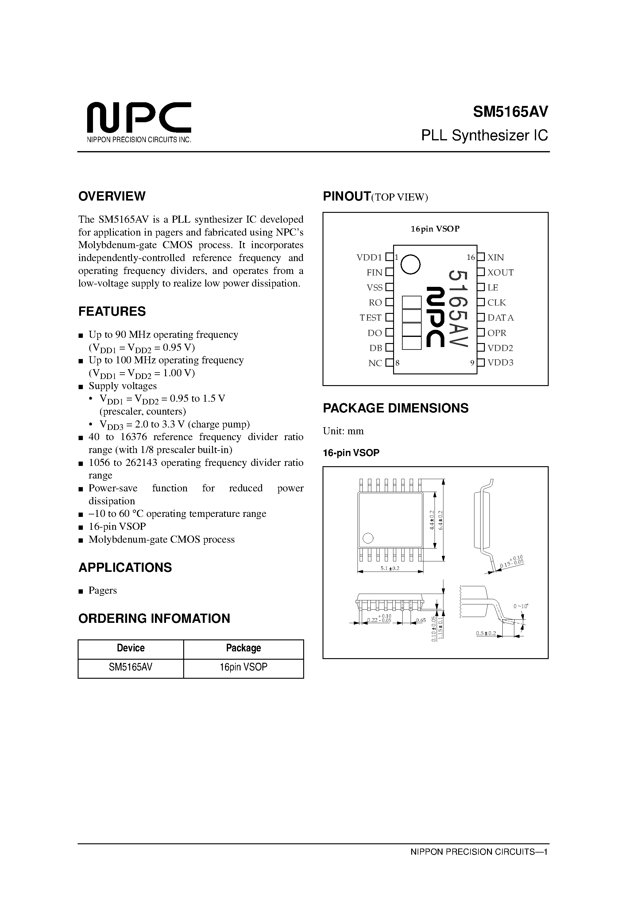 Datasheet SM5165 - PLL Synthesizer IC page 1