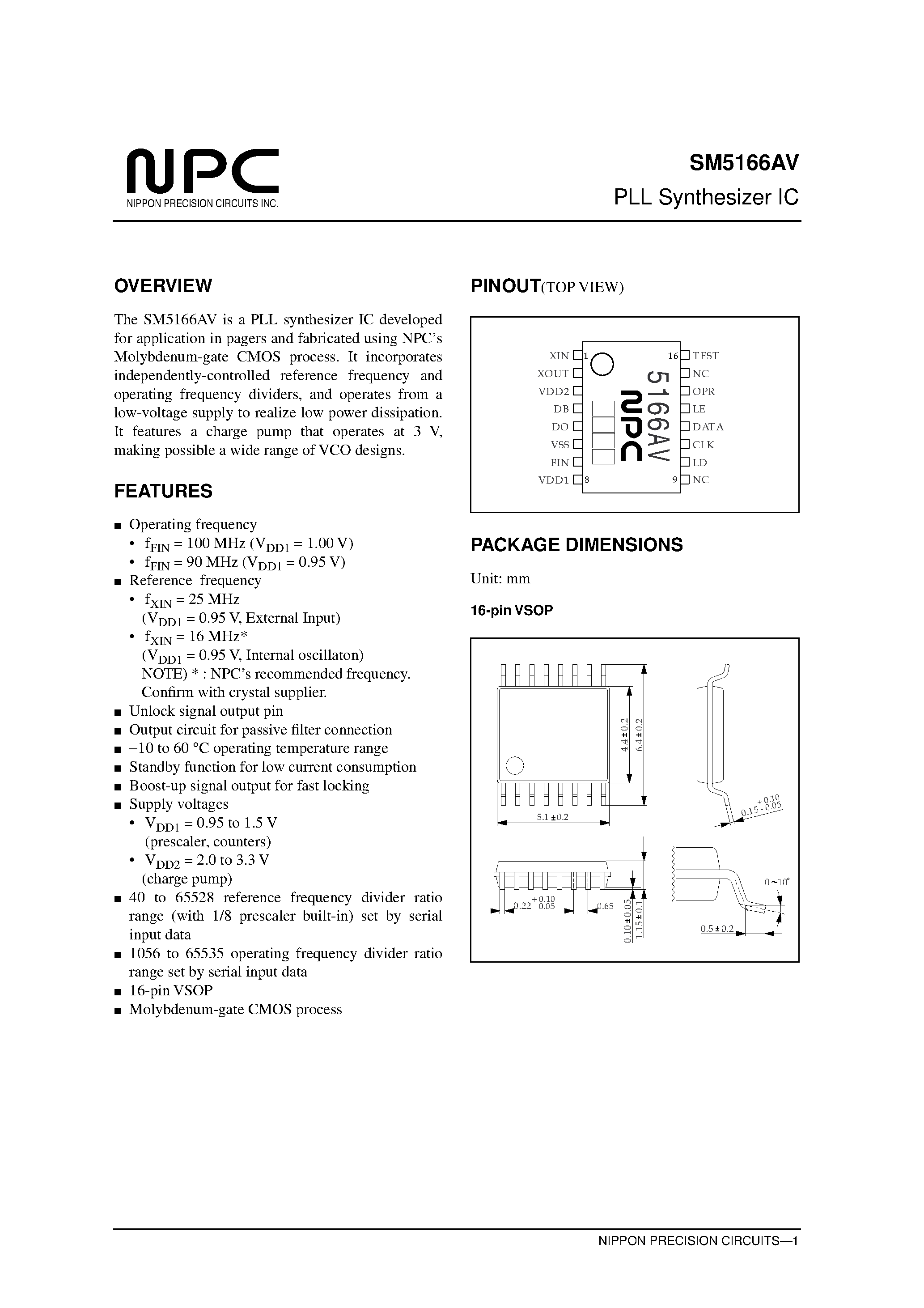 Datasheet SM5166AV - PLL Synthesizer IC page 1