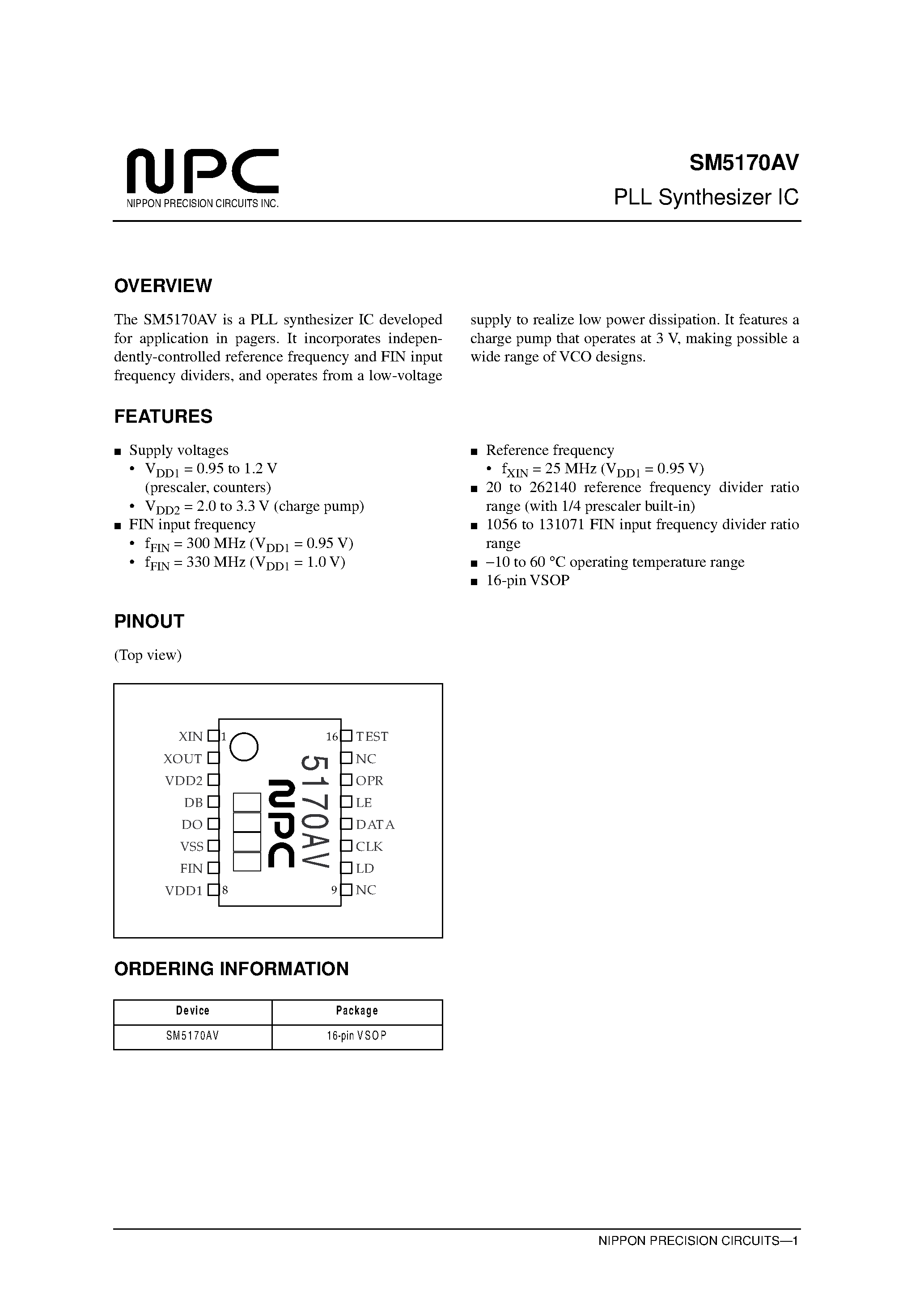 Datasheet SM5170AV - PLL Synthesizer IC page 1