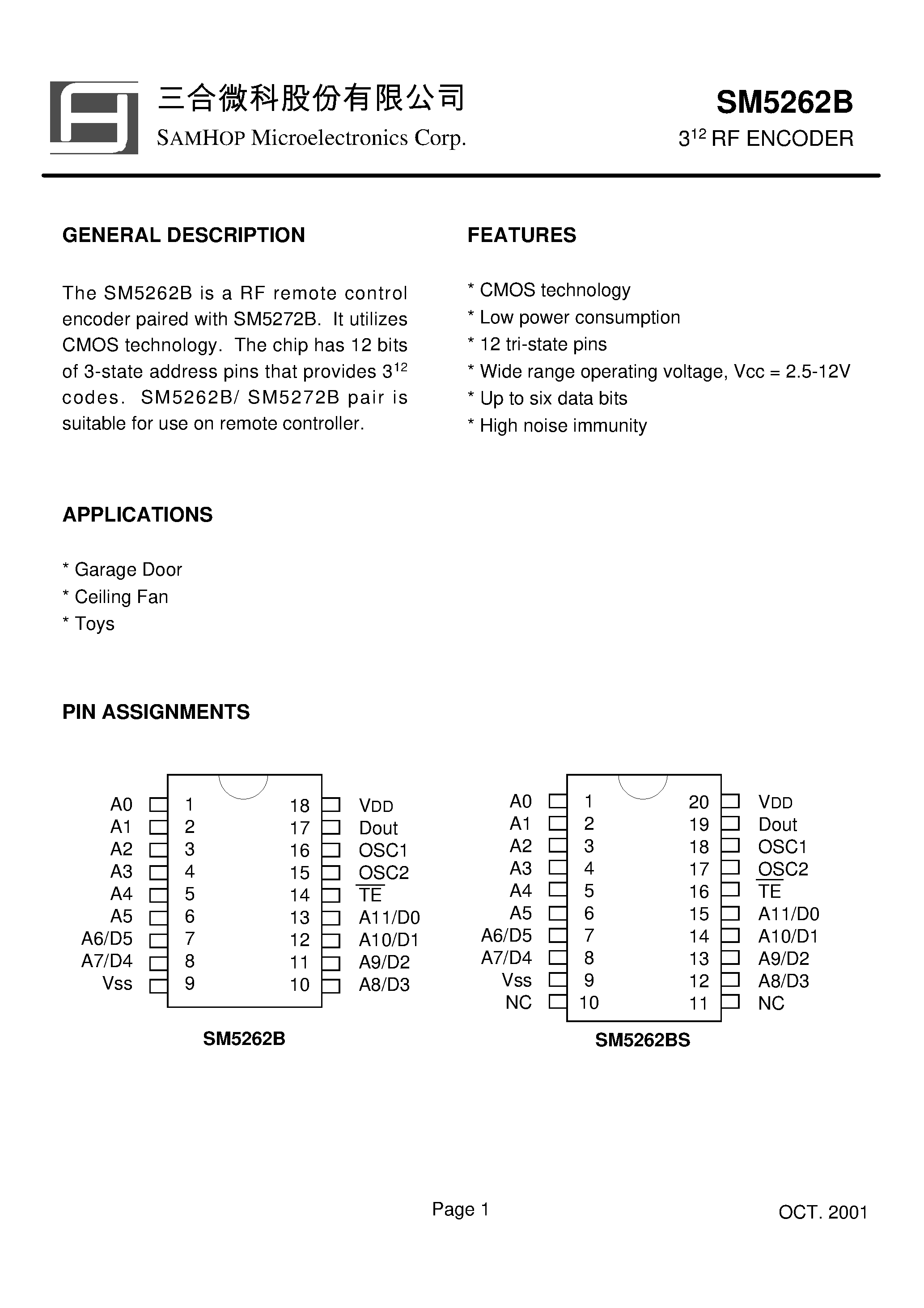 Datasheet SM5262B - 3 RF ENCODER page 1