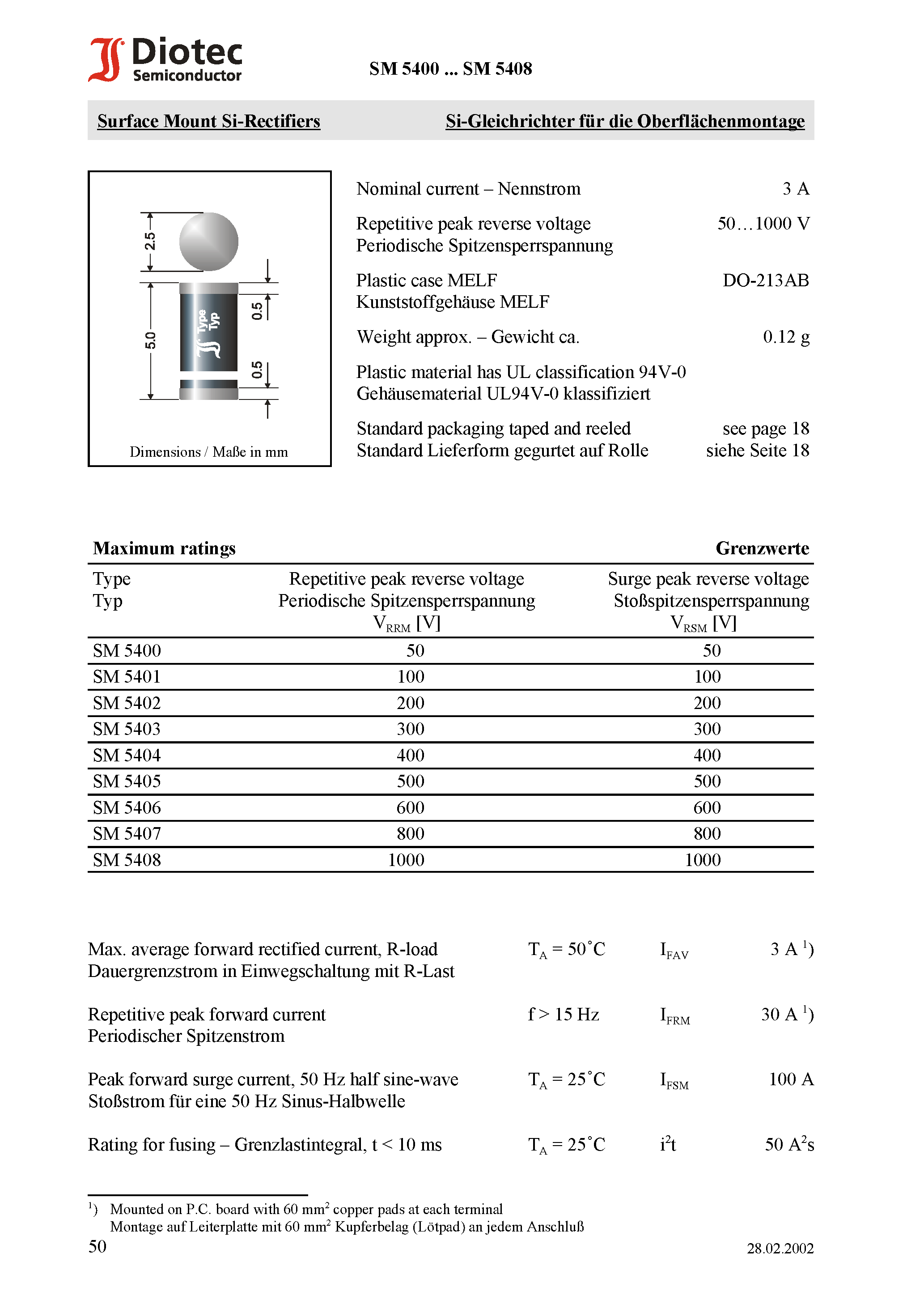 Datasheet SM5400 - Surface Mount Si-Rectifiers page 1