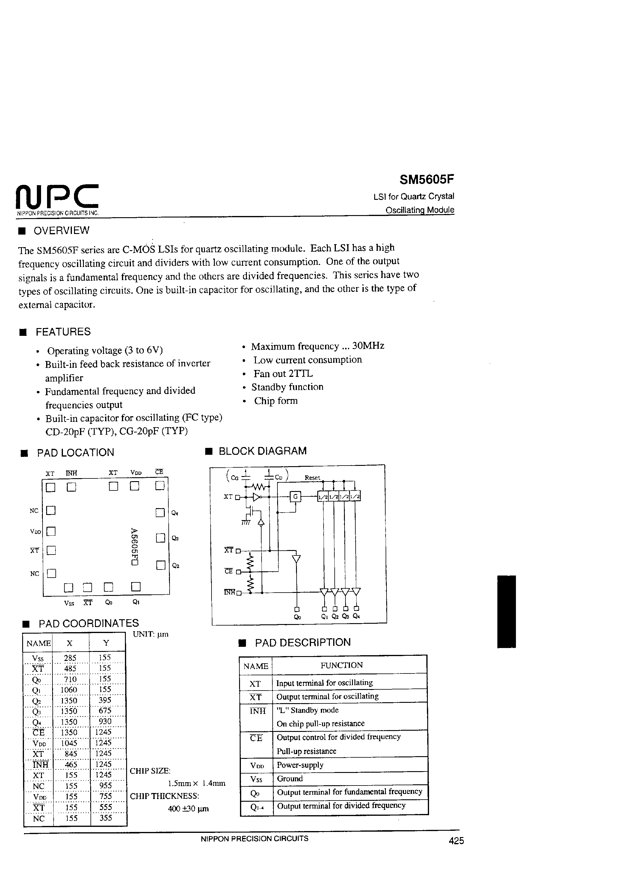 Datasheet SM5605F - LSI for Quartz Crystal Osillationg Module page 1