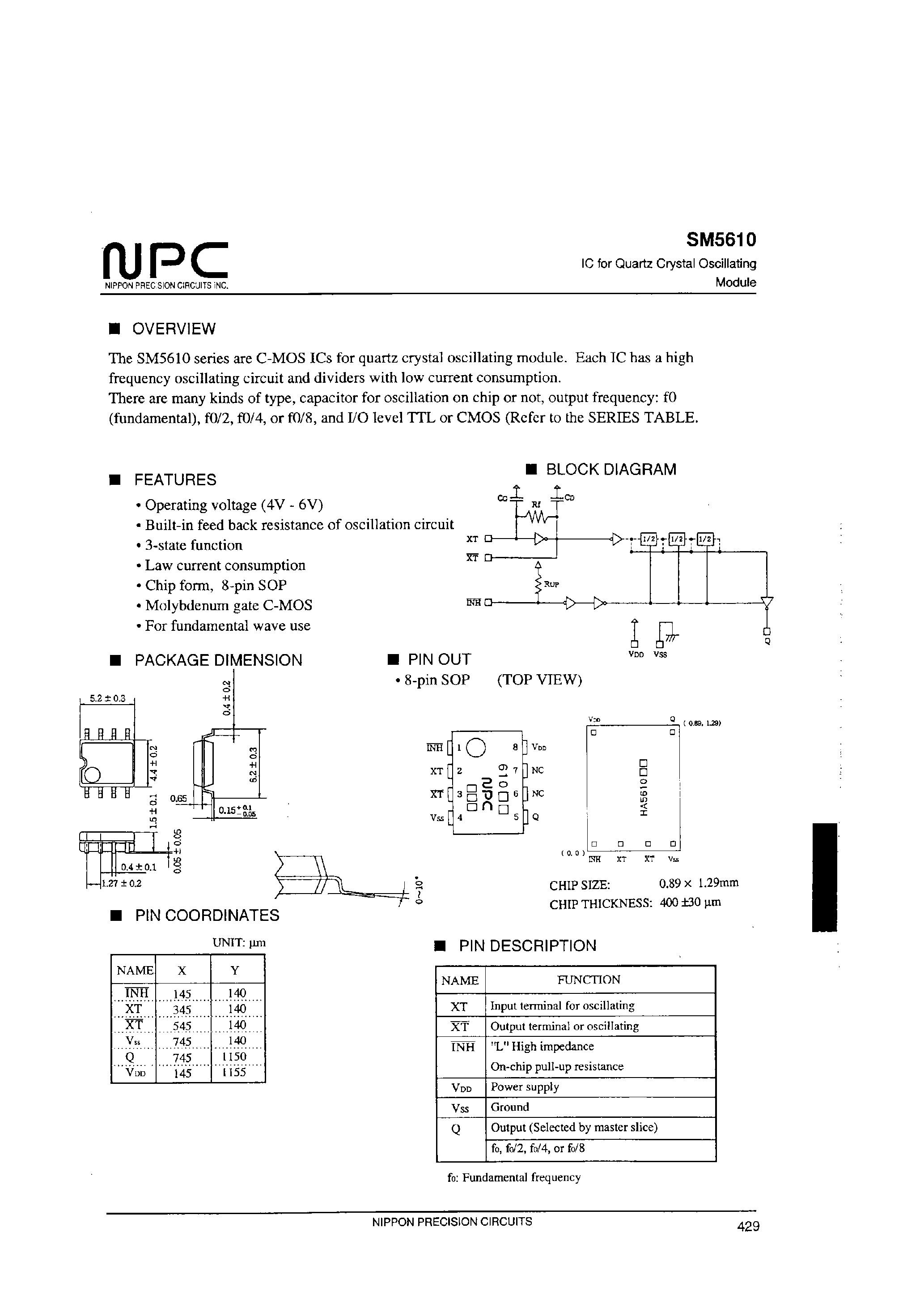 Datasheet SM5610 - IC for Quartz Crystal Oscillating Module page 1