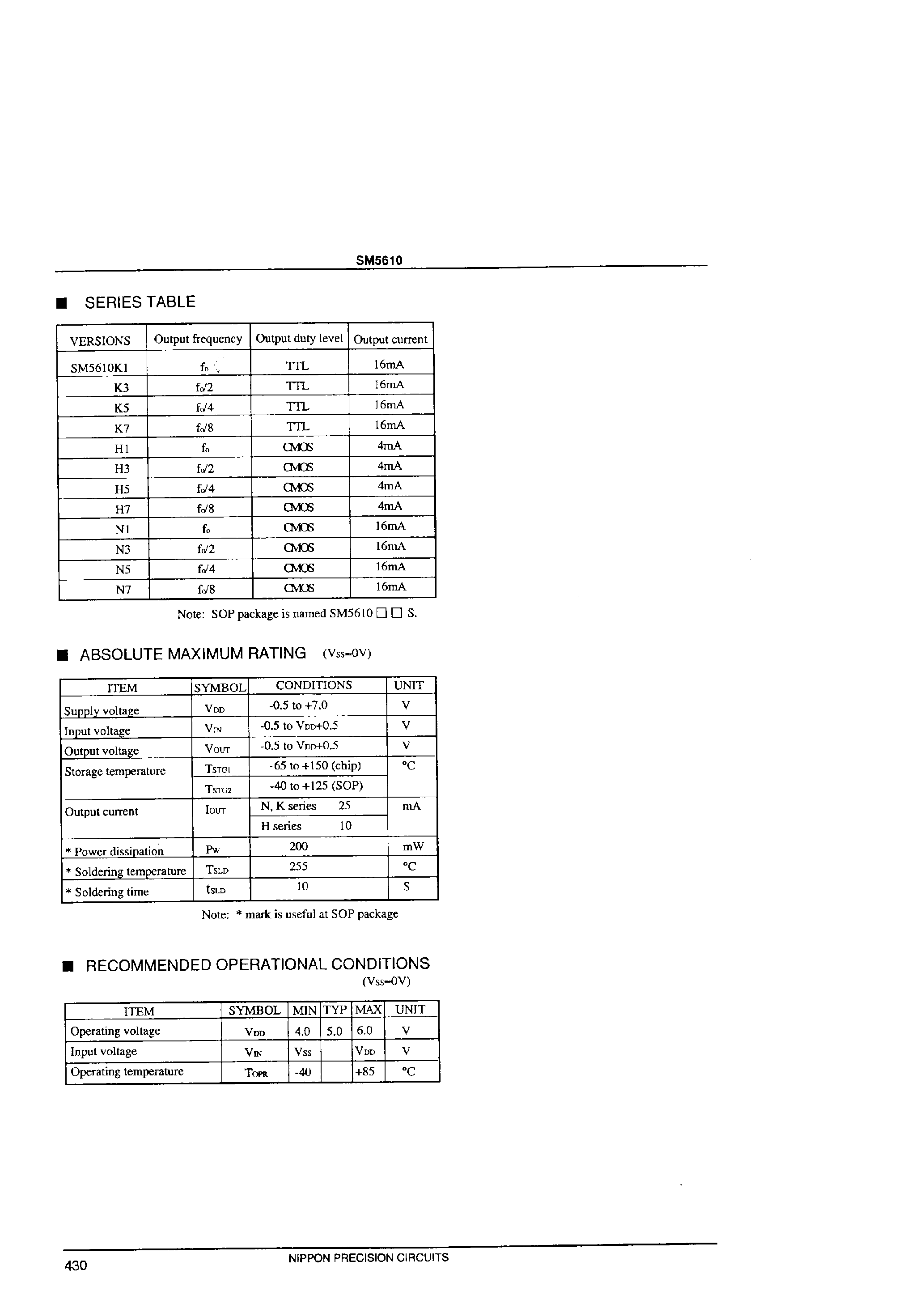 Datasheet SM5610 - IC for Quartz Crystal Oscillating Module page 2