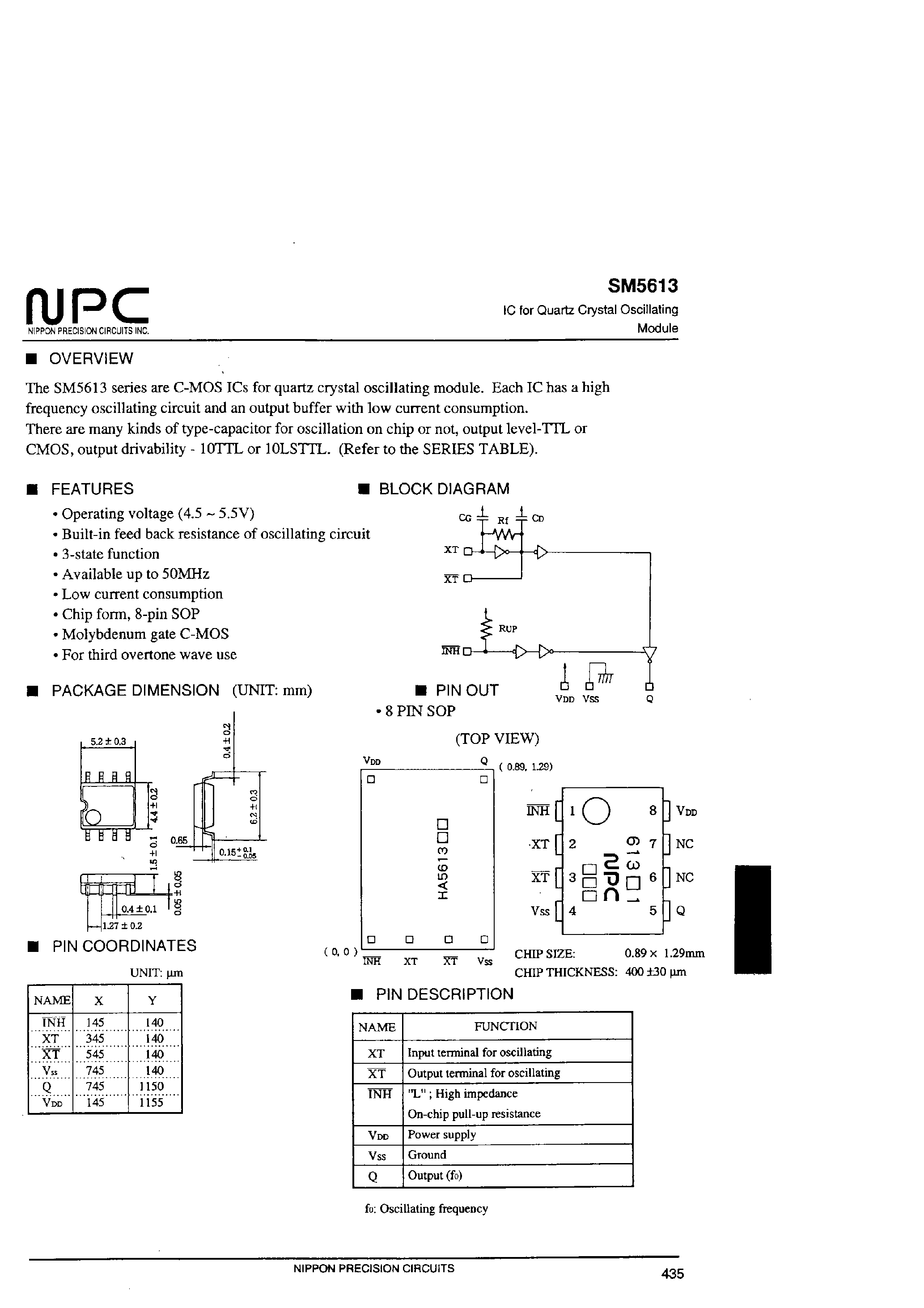 Datasheet SM5613 - IC for Quartz Crystal Oscillating Module page 1