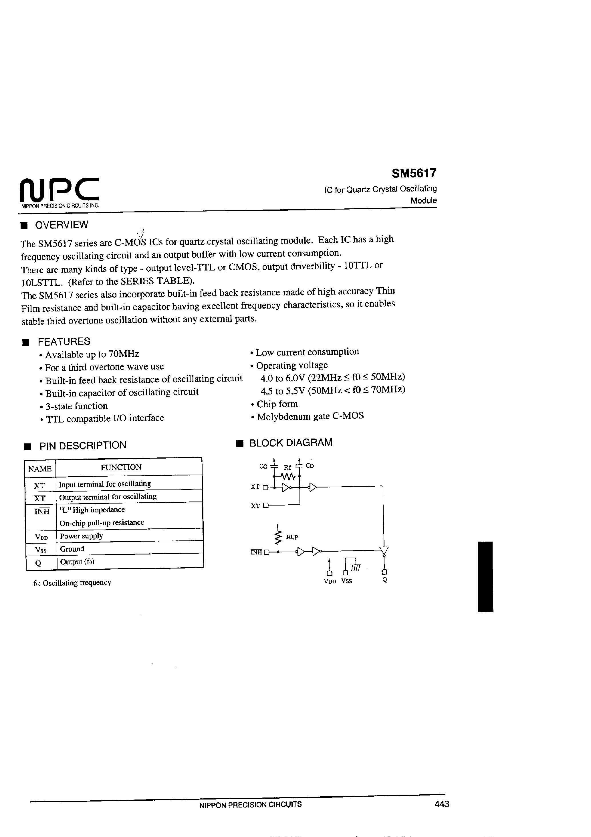 Datasheet SM5617 - IC for Quartz Crystal Oscillationg Module page 1