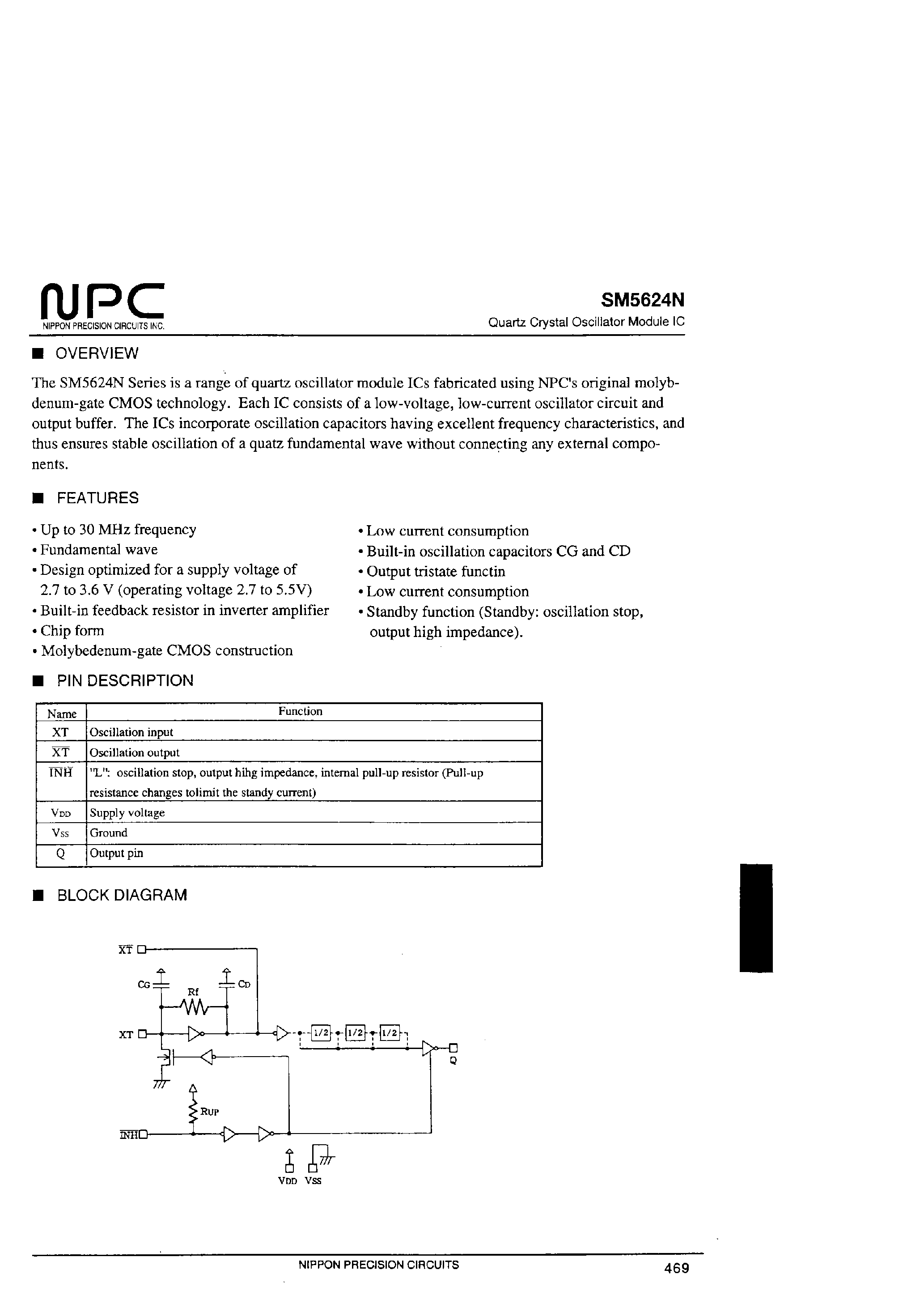 Datasheet SM5624N - Quartz Crystal Oscillator Module IC page 1