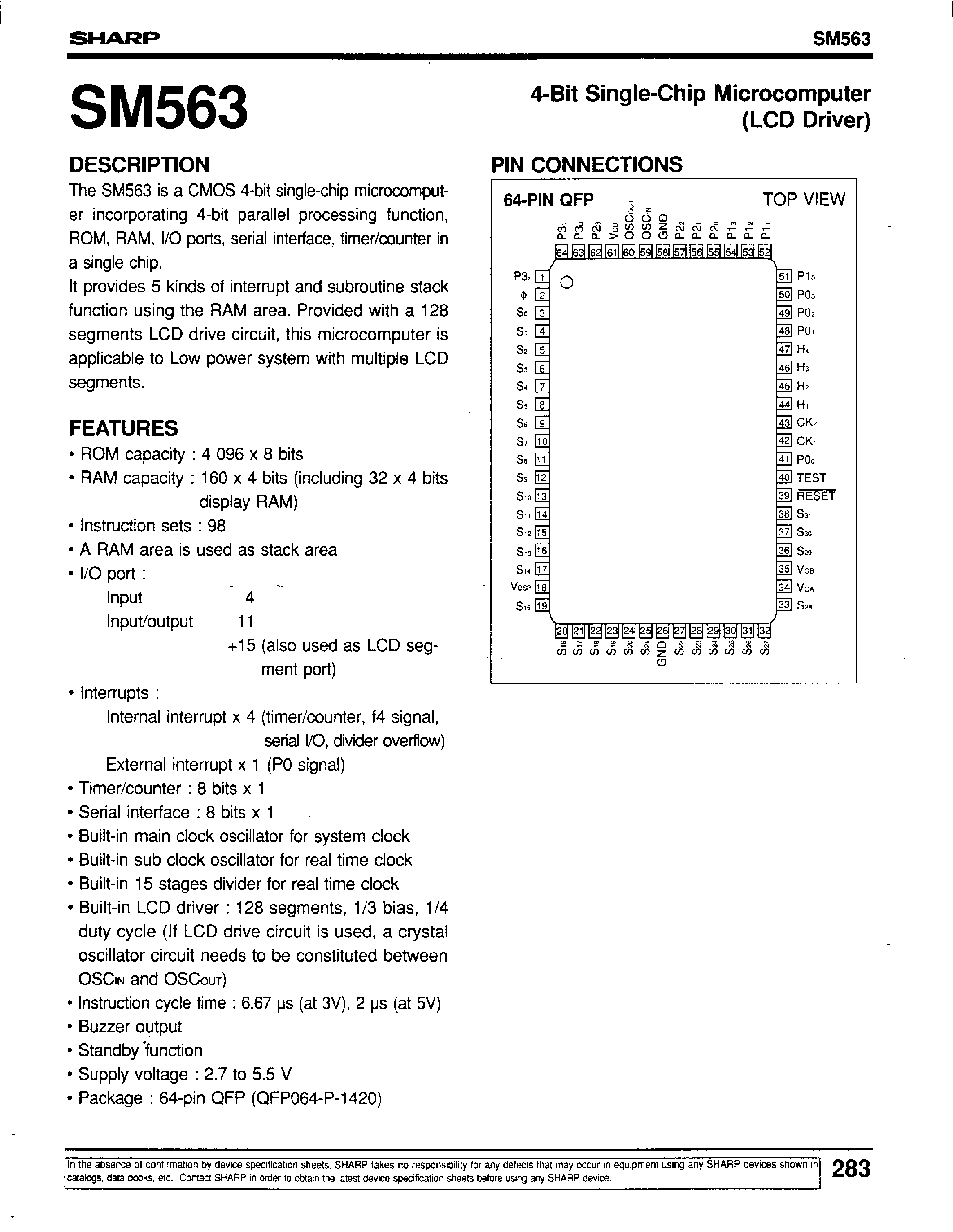 Datasheet SM563 - 4-Bit Single-Chip Microcomputer(LCD Driver) page 1