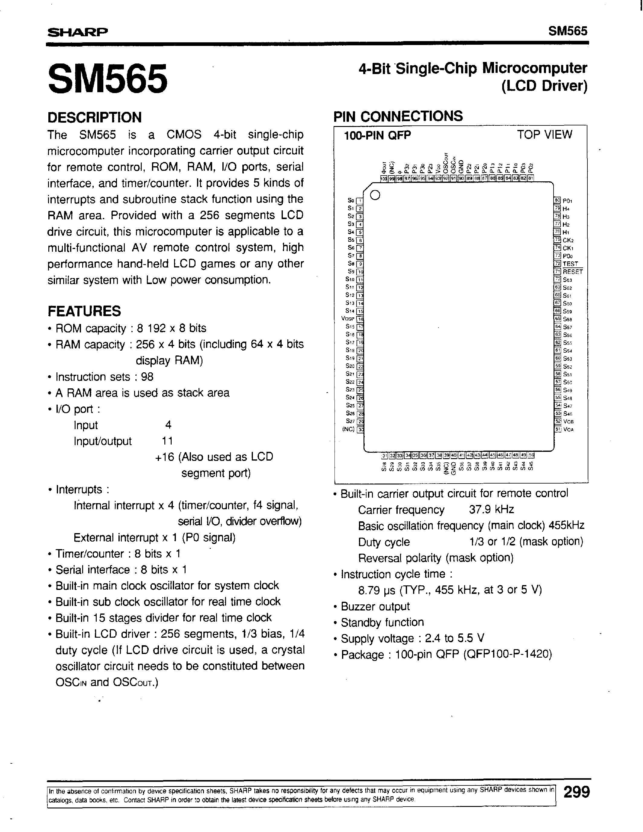 Datasheet SM565 - 4-Bit Single-Chip Microcomputer(LCD Driver) page 1