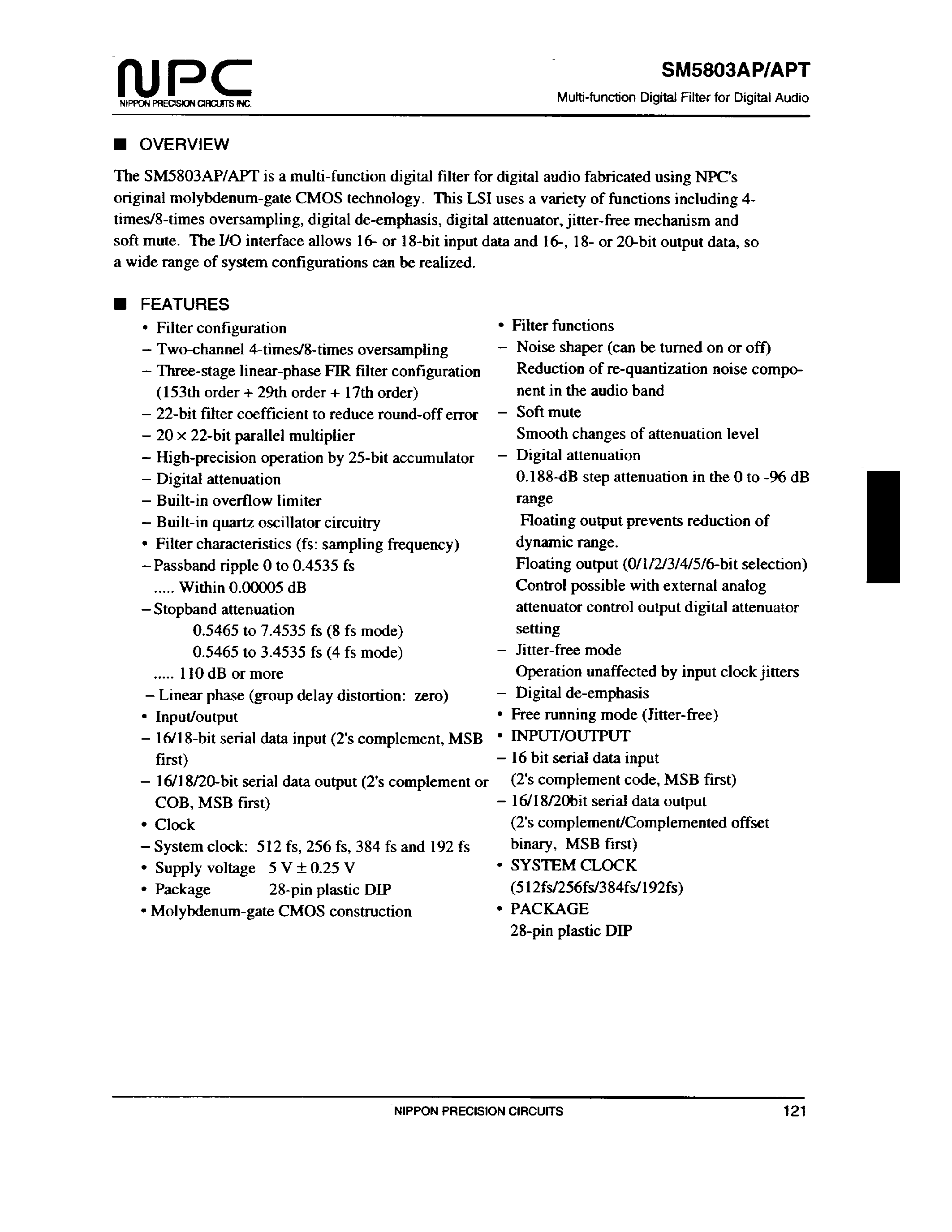 Datasheet SM5803 - Multi-function Digital Filter for Digital Audio page 1