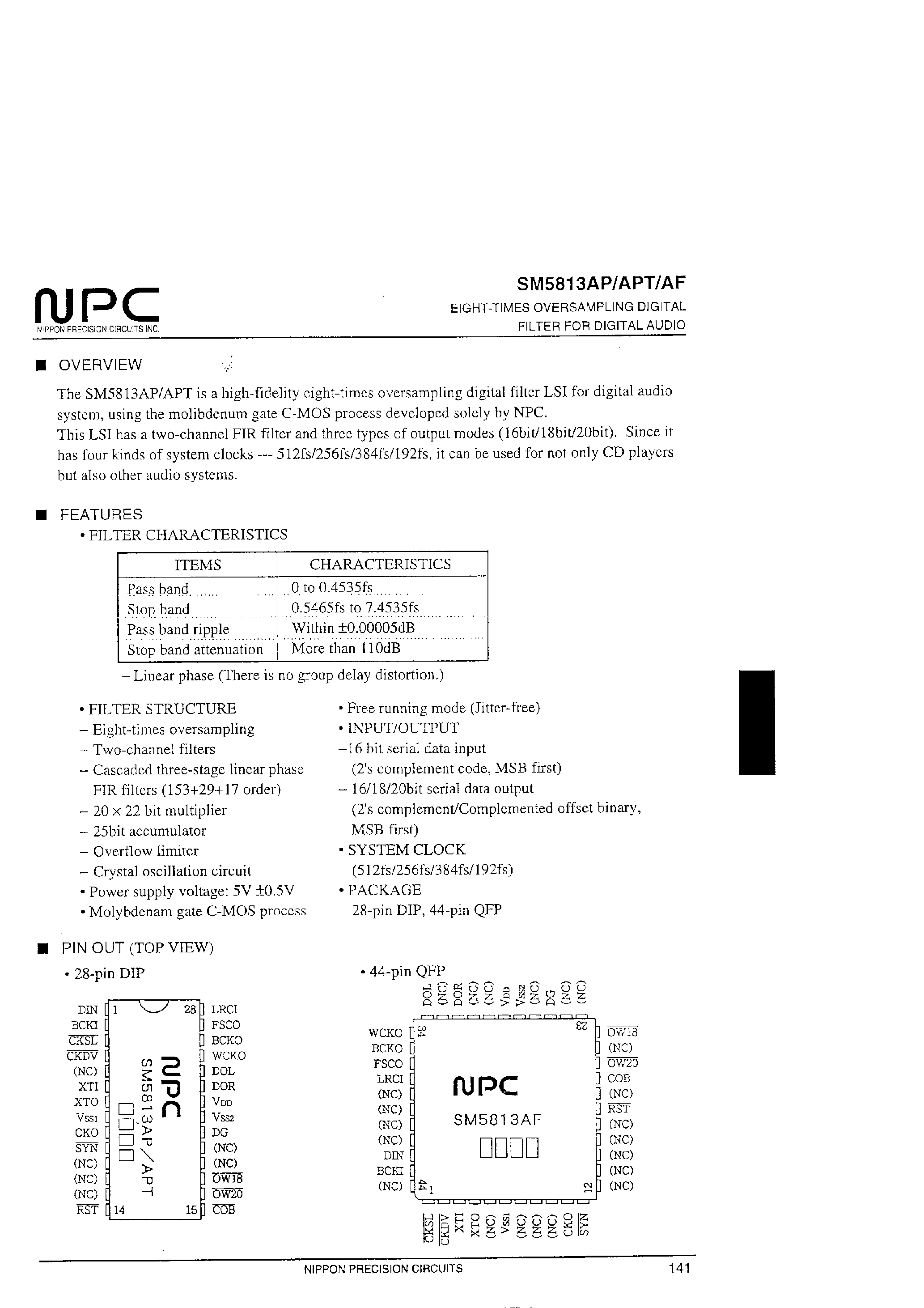 Datasheet SM5813 - EIGHT-TIMES OVERSAMPLING DIGITAL FILTER FOR DIGITAL AUDIO page 1