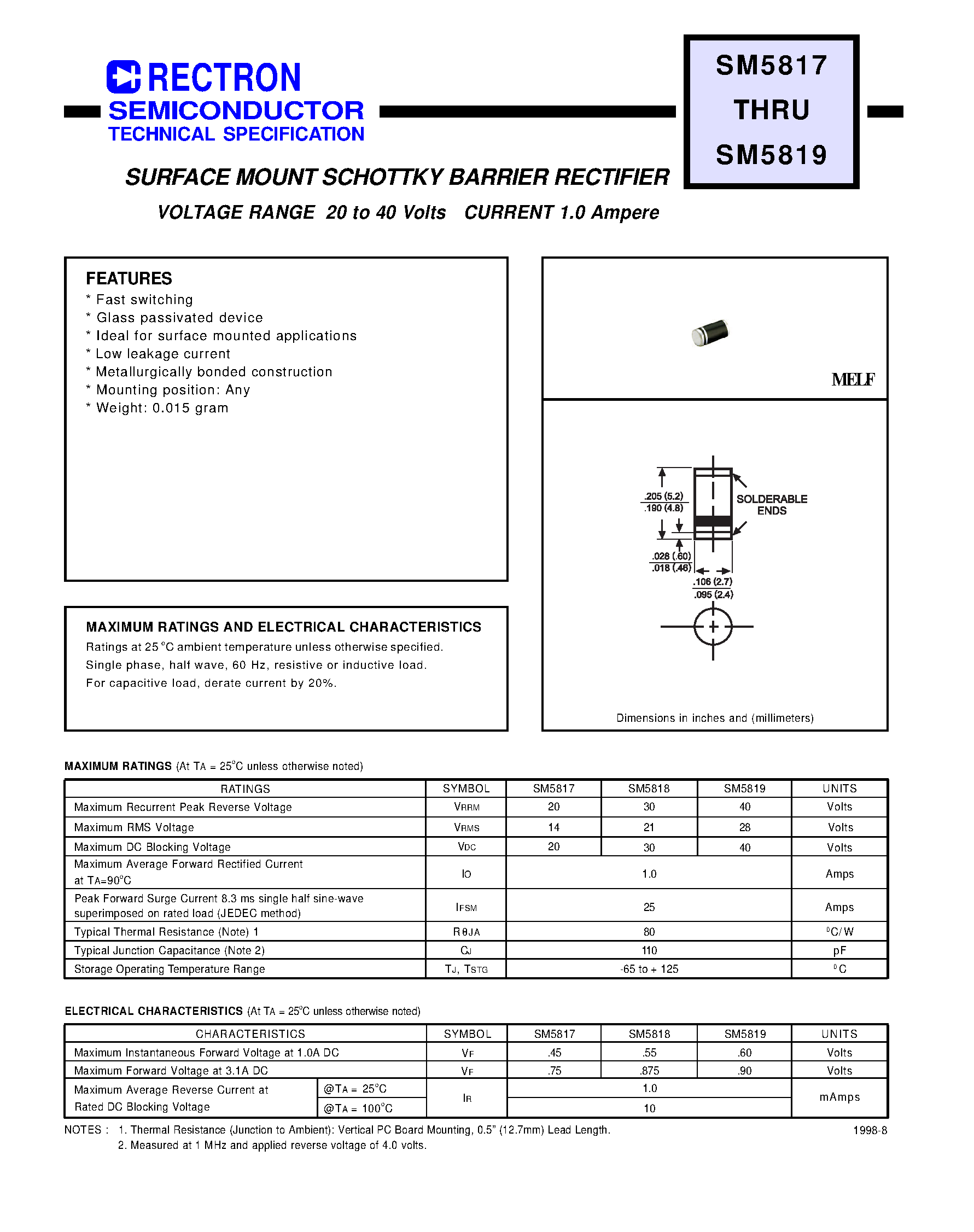 Datasheet SM5817 - SURFACE MOUNT SCHOTTKY BARRIER RECTIFIER (VOLTAGE RANGE 20 to 40 Volts CURRENT 1.0 Ampere) page 1