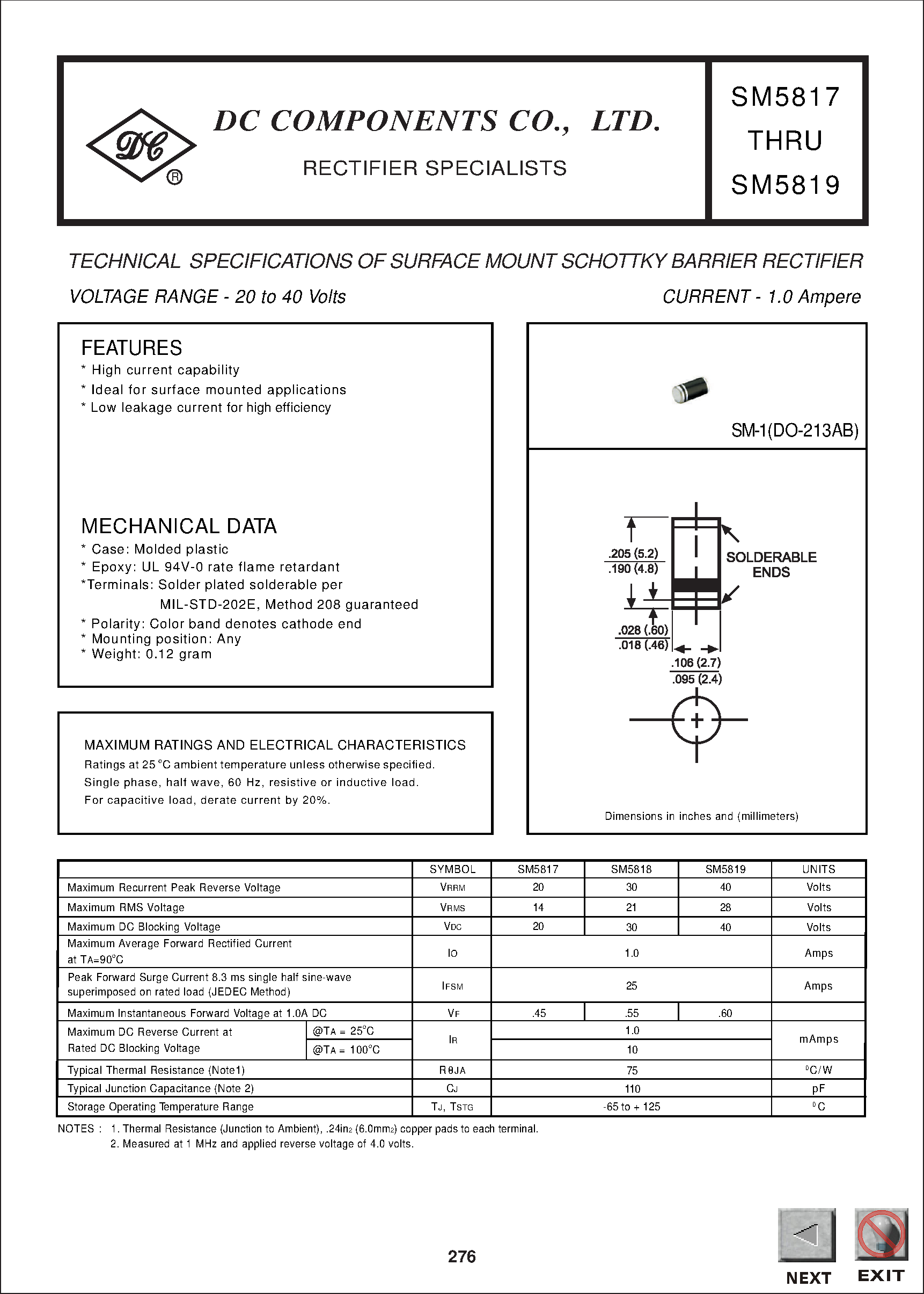 Datasheet SM5817 - TECHNICAL SPECIFICATIONS OF SURFACE MOUNT SCHOTTKY BARRIER RECTIFIER page 1