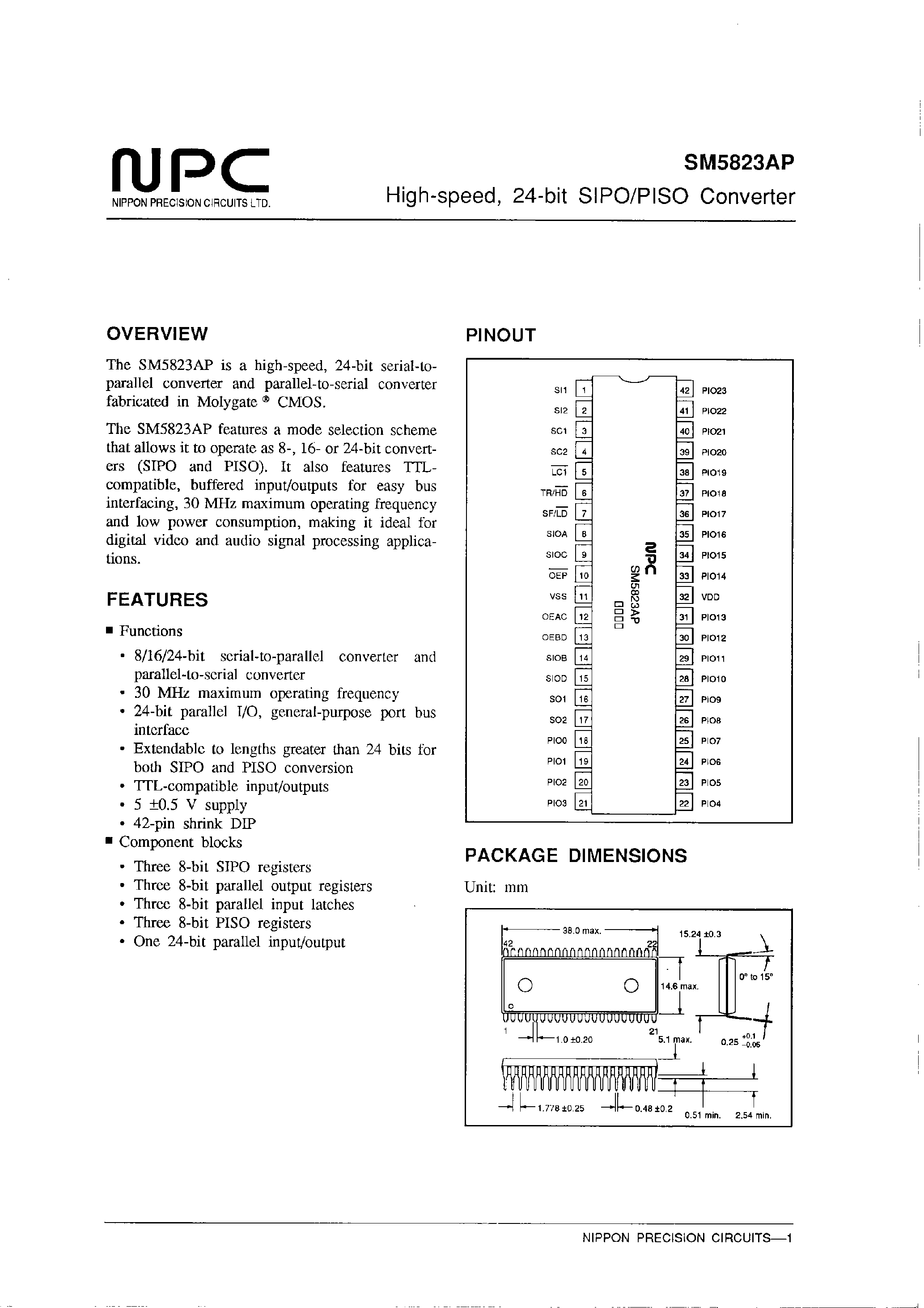 Даташит SM5823 - High-speed/ 24-bit SIPO/PISO Converter страница 1