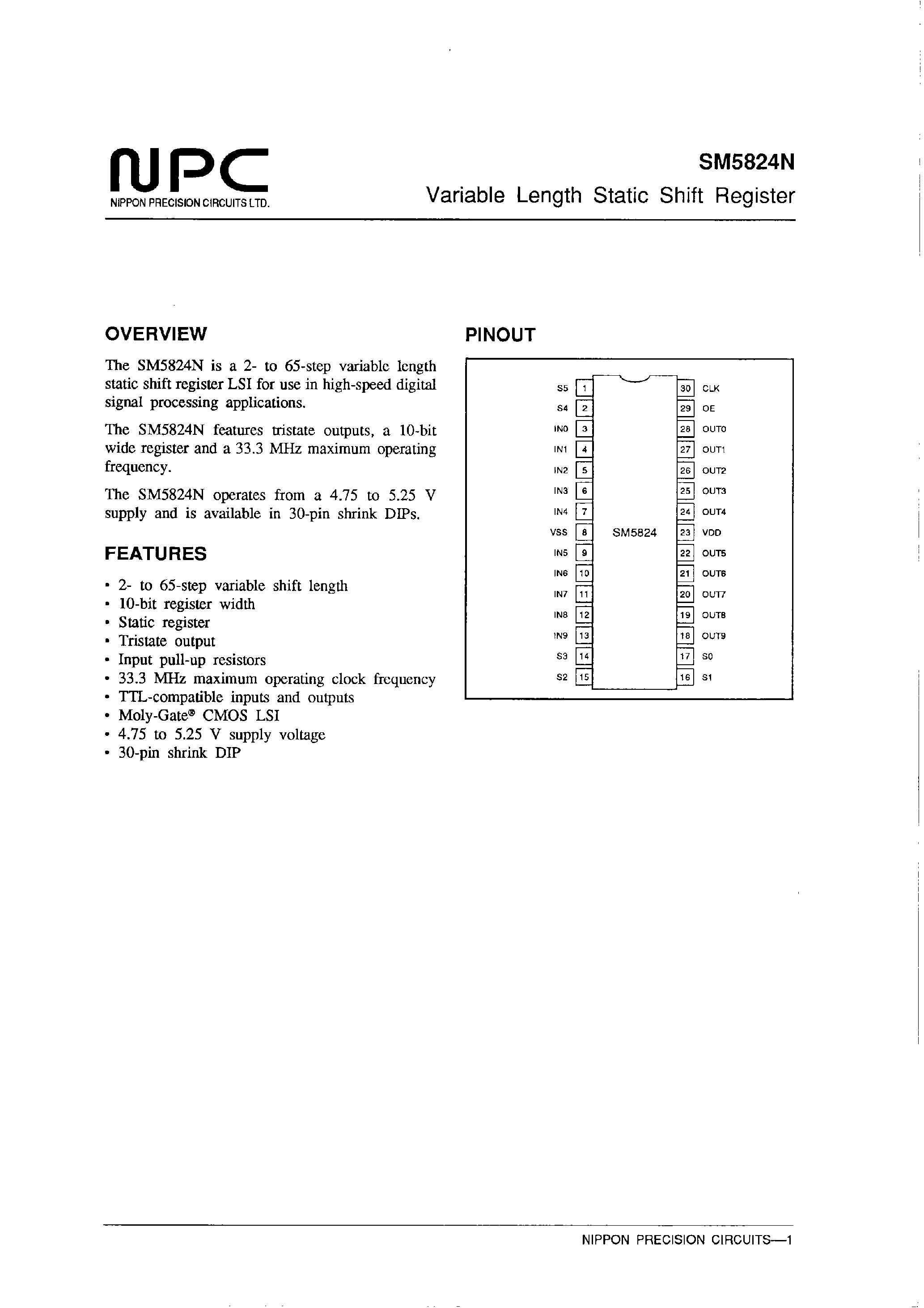 Даташит SM5824N - Variable Length Static Shift Register страница 1