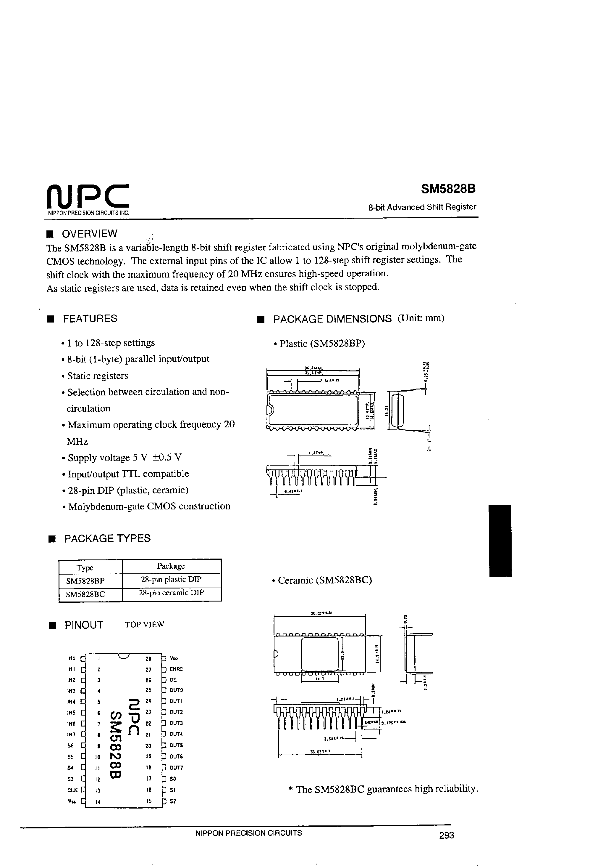 Даташит SM5828 - 8-bit Advanced Shift Register страница 1