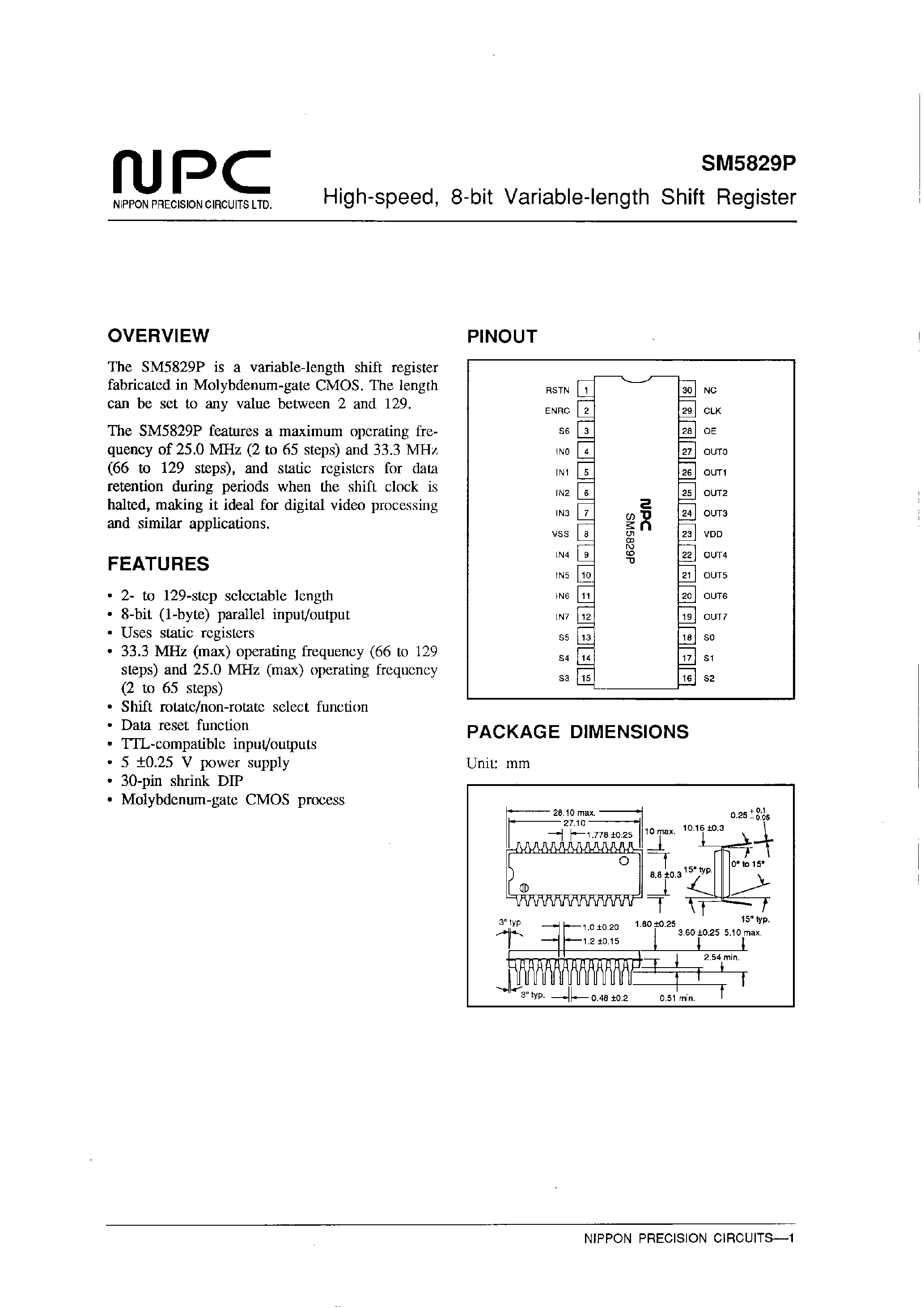 Даташит SM5829P - High-speed/ 8-bit Variable-length Shift Register страница 1