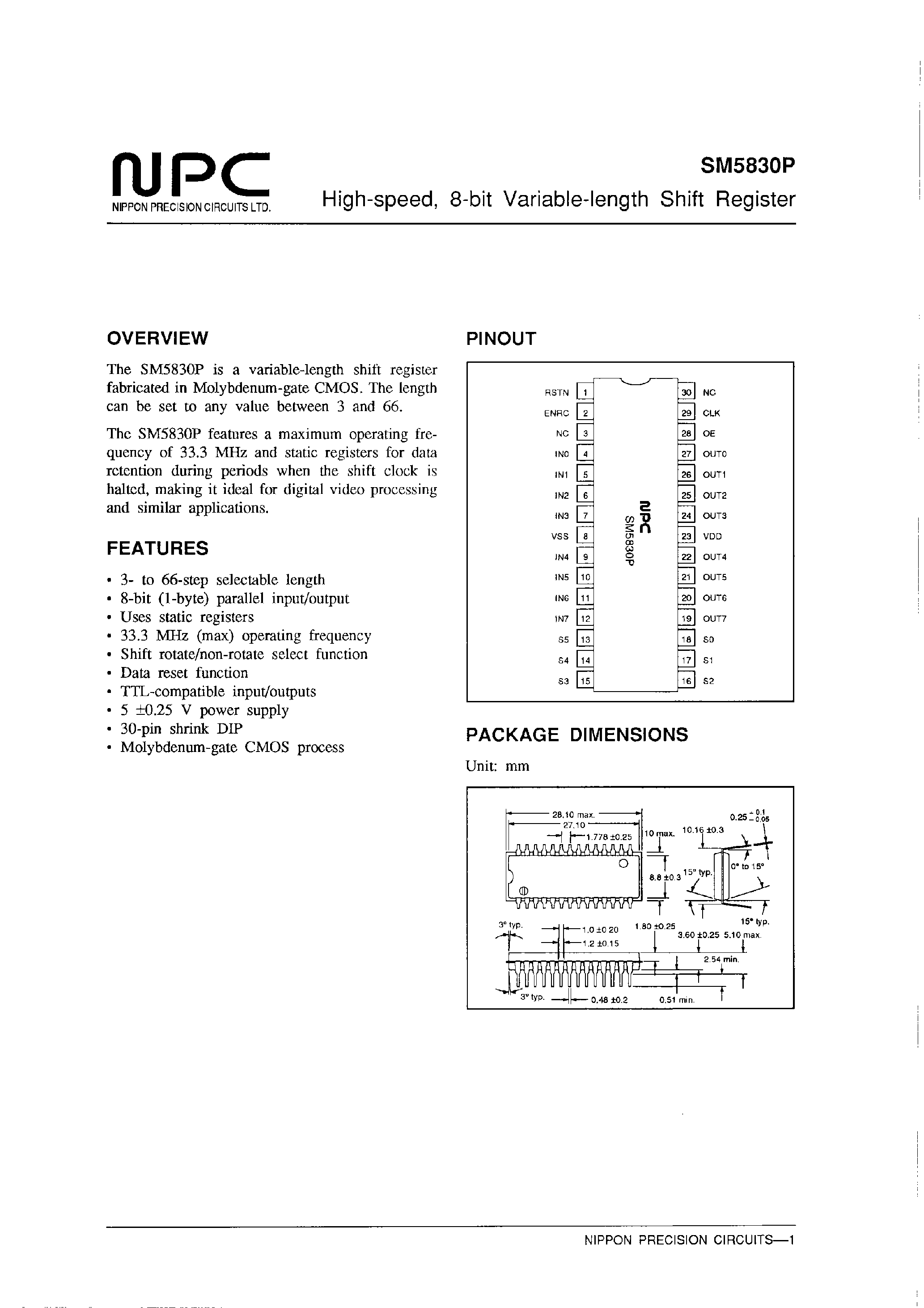 Даташит SM5830P - High-speed/ 8-bit Variable-length Shift Register страница 1