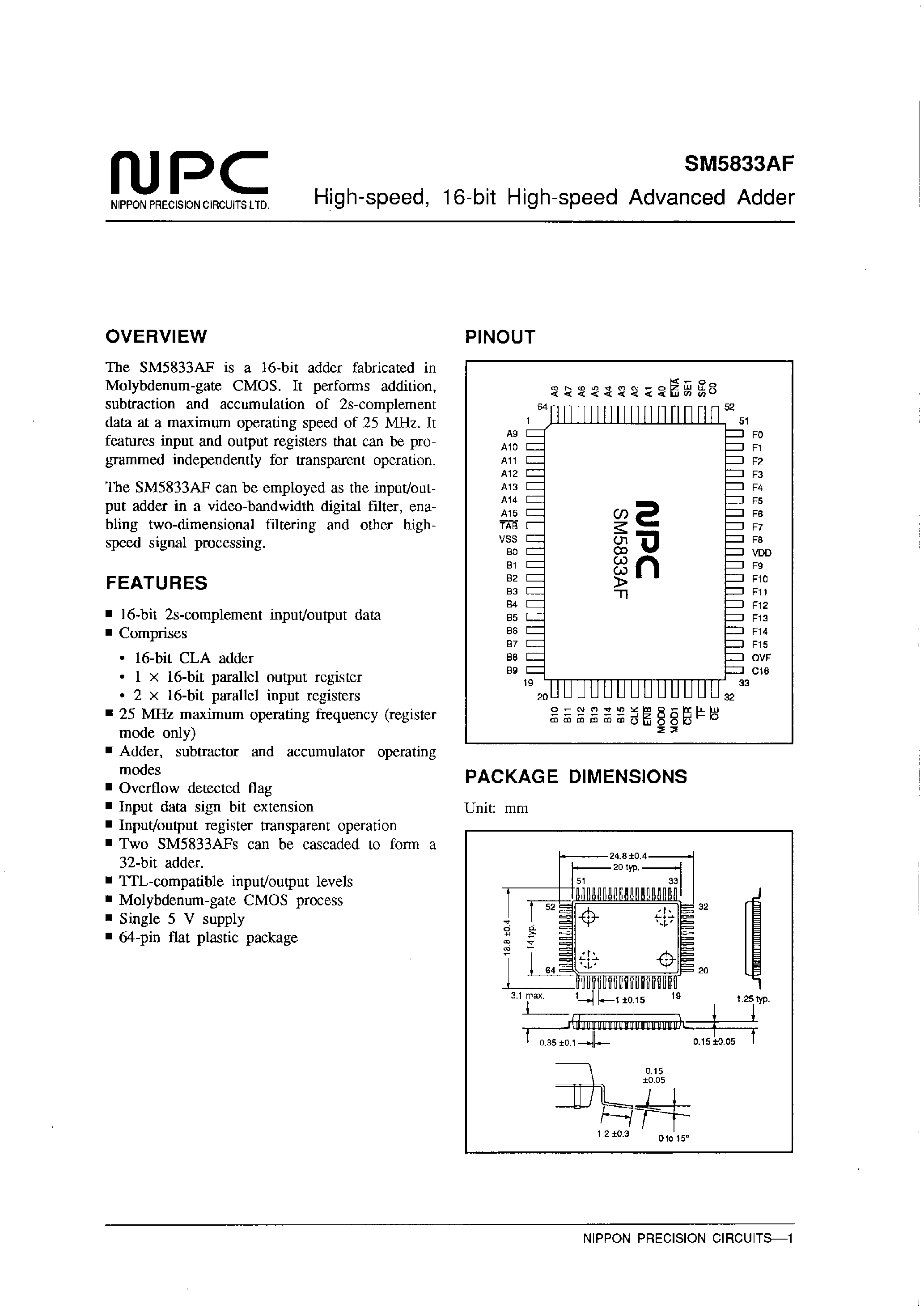 Даташит SM5833 - High-speed/ 16-bit High-speed Advanced Adder страница 1