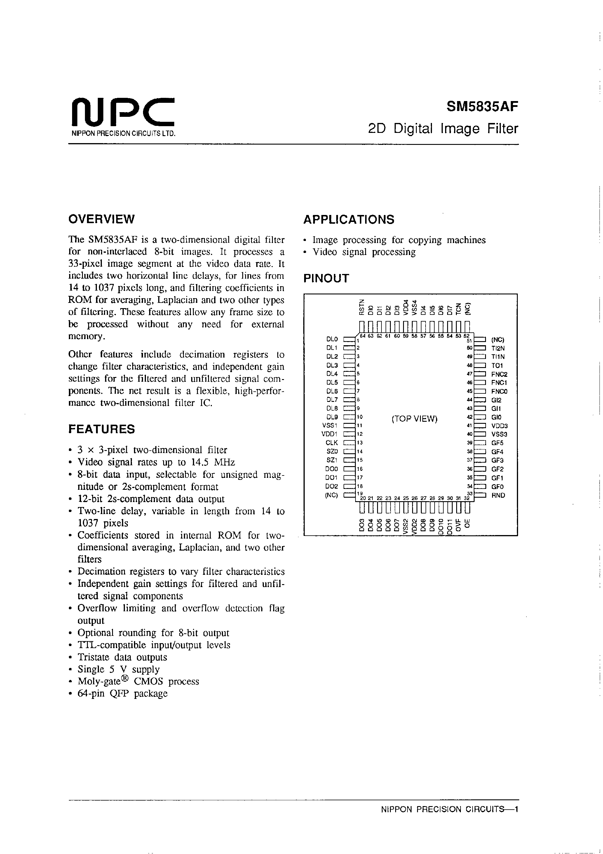 Даташит SM5835AF - 2D Digital Image Filter страница 1