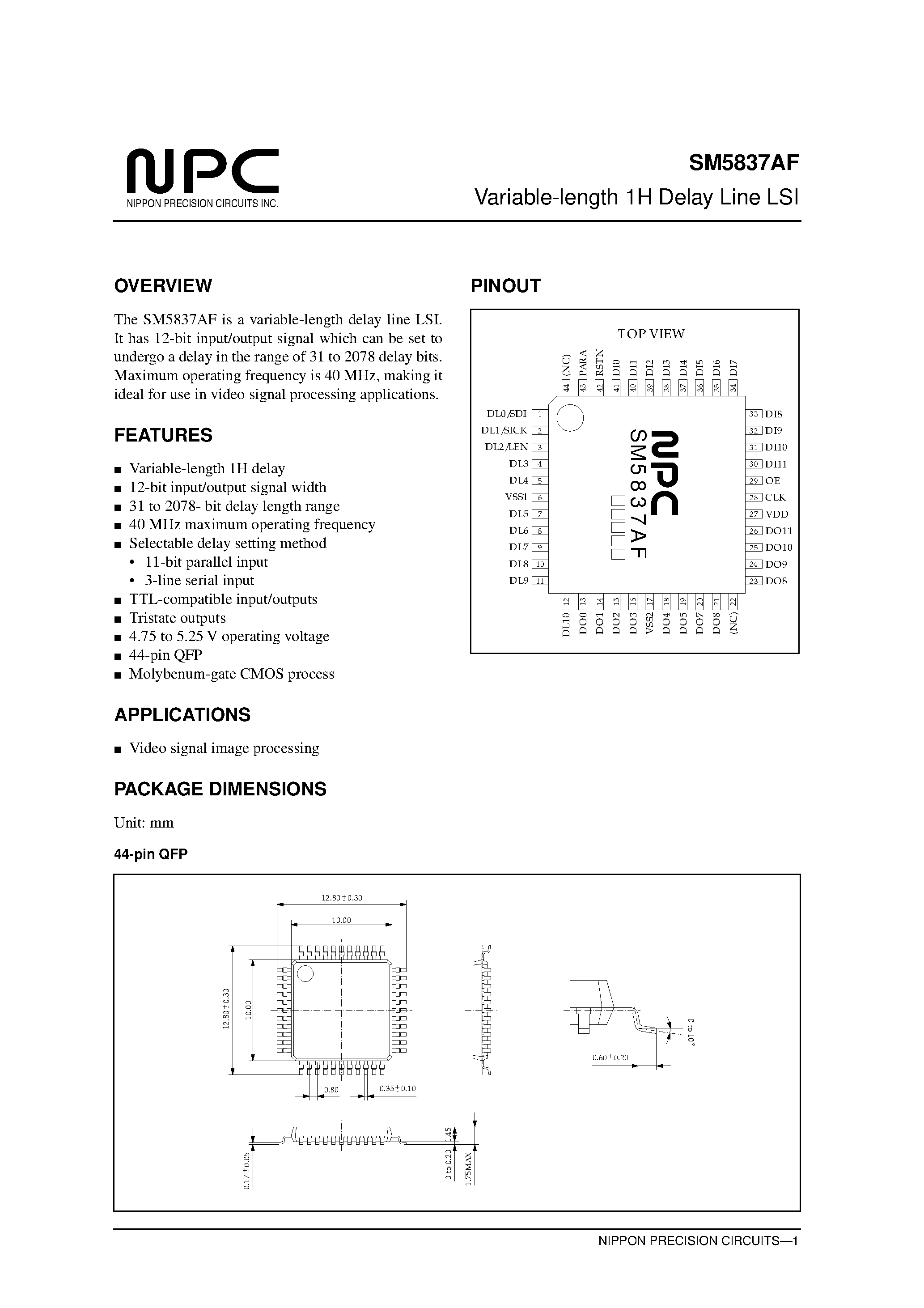 Даташит SM5837AF - Variable-length 1H Delay Line LSI страница 1