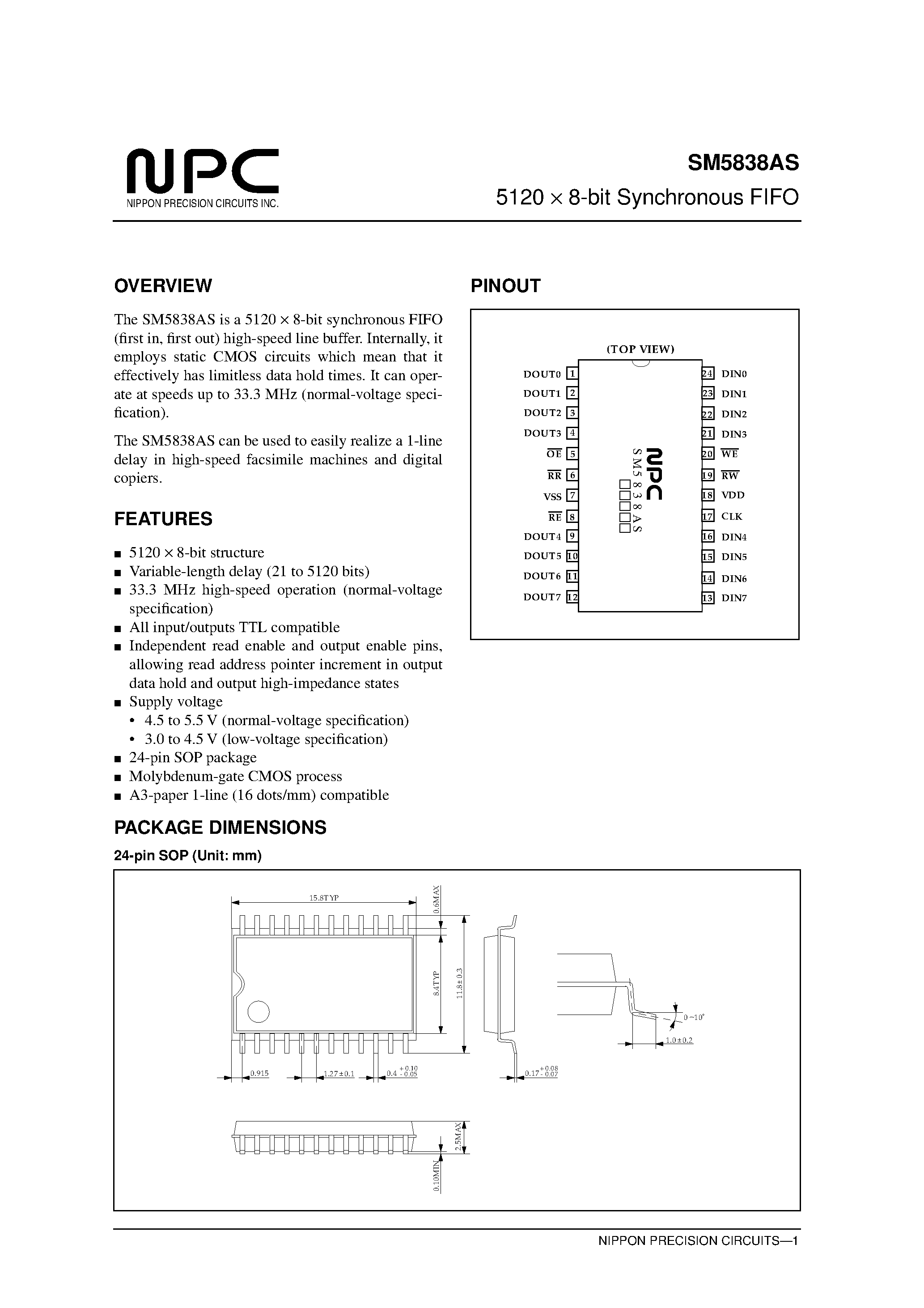 Даташит SM5838AS - 5120 X 8-bit Synchronous FIFO страница 1