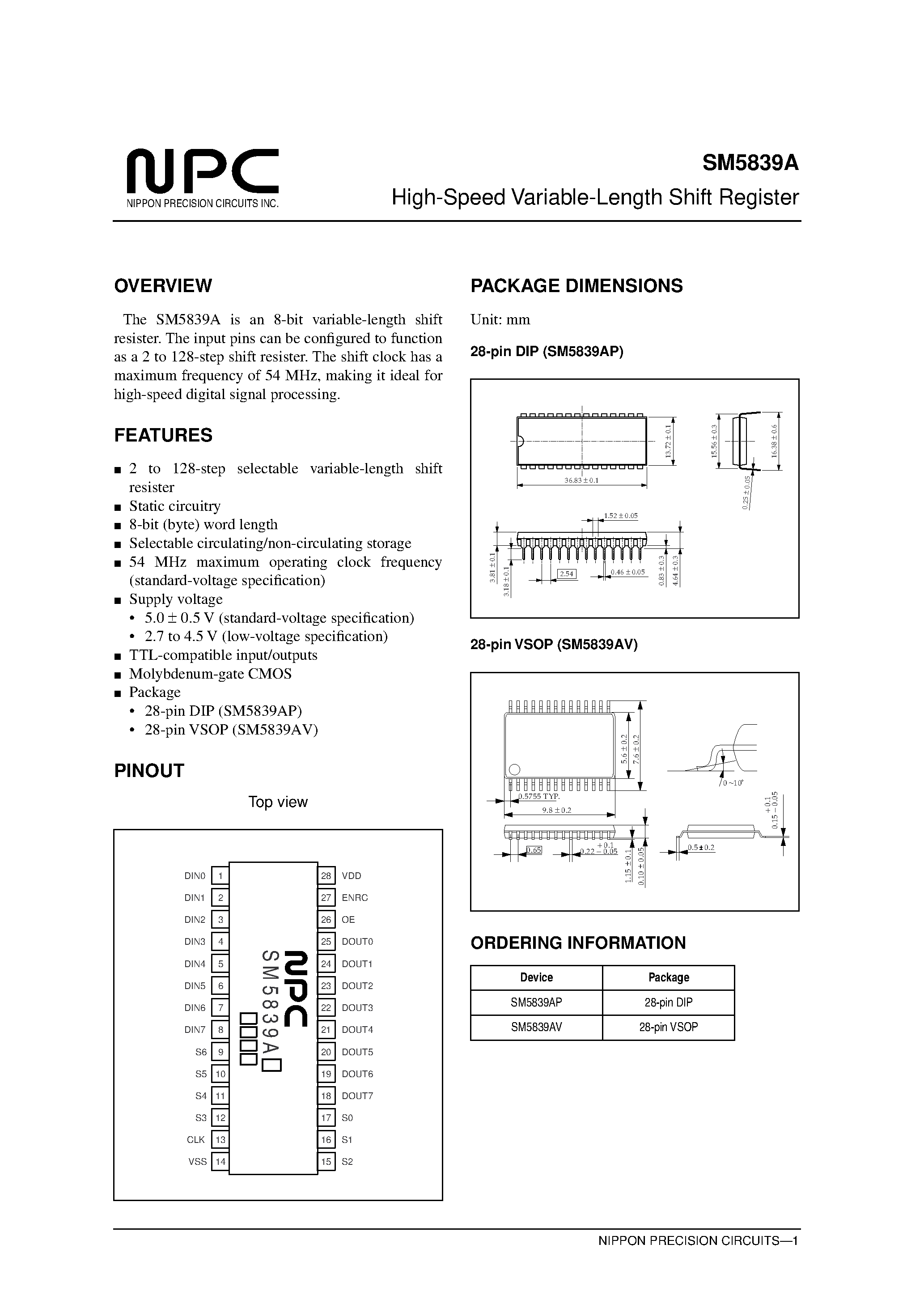 Даташит SM5839A - High-Speed Variable-Length Shift Register страница 1