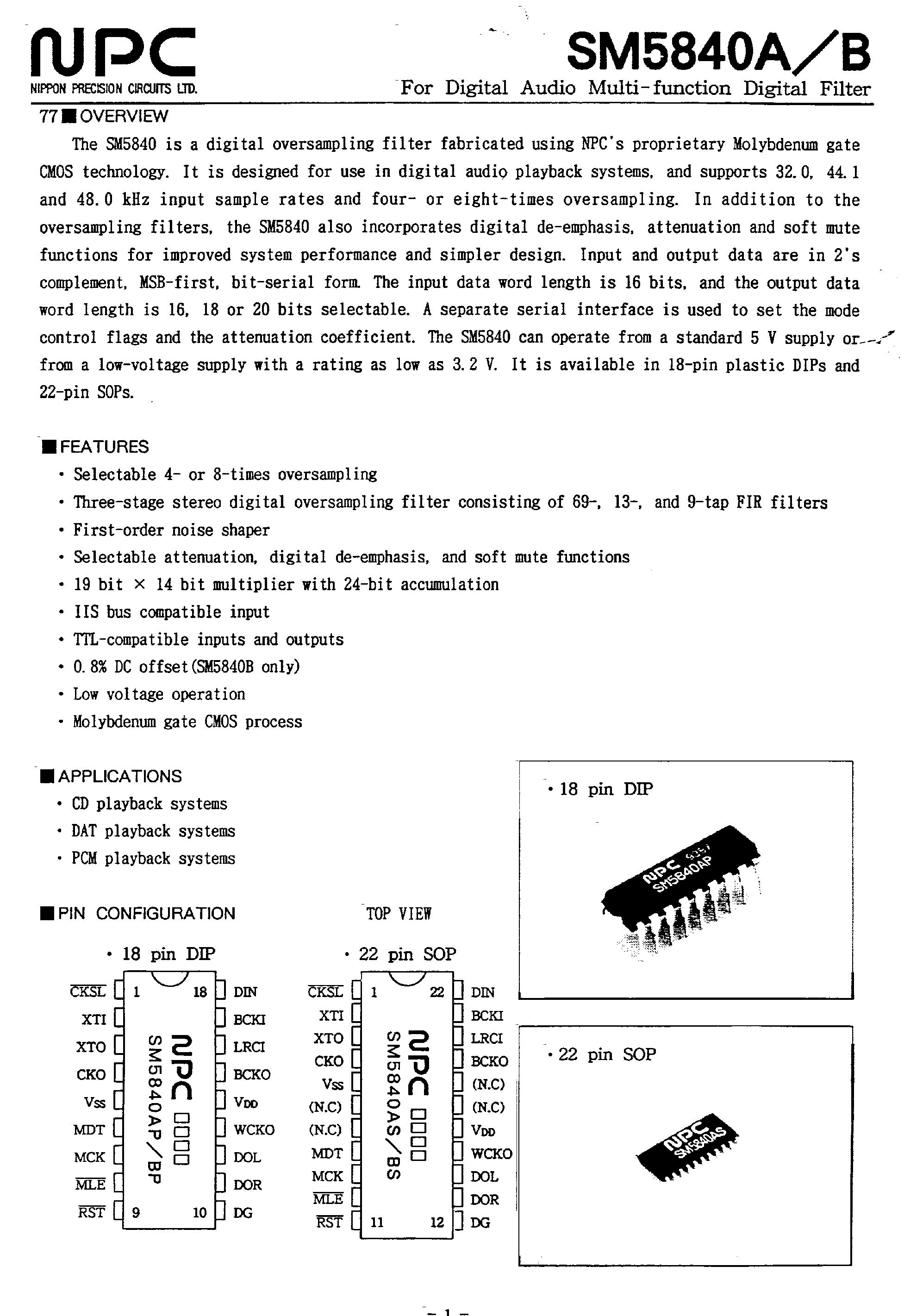 Даташит SM5840A - For Digital Audio Multi-function Digital Filter страница 1