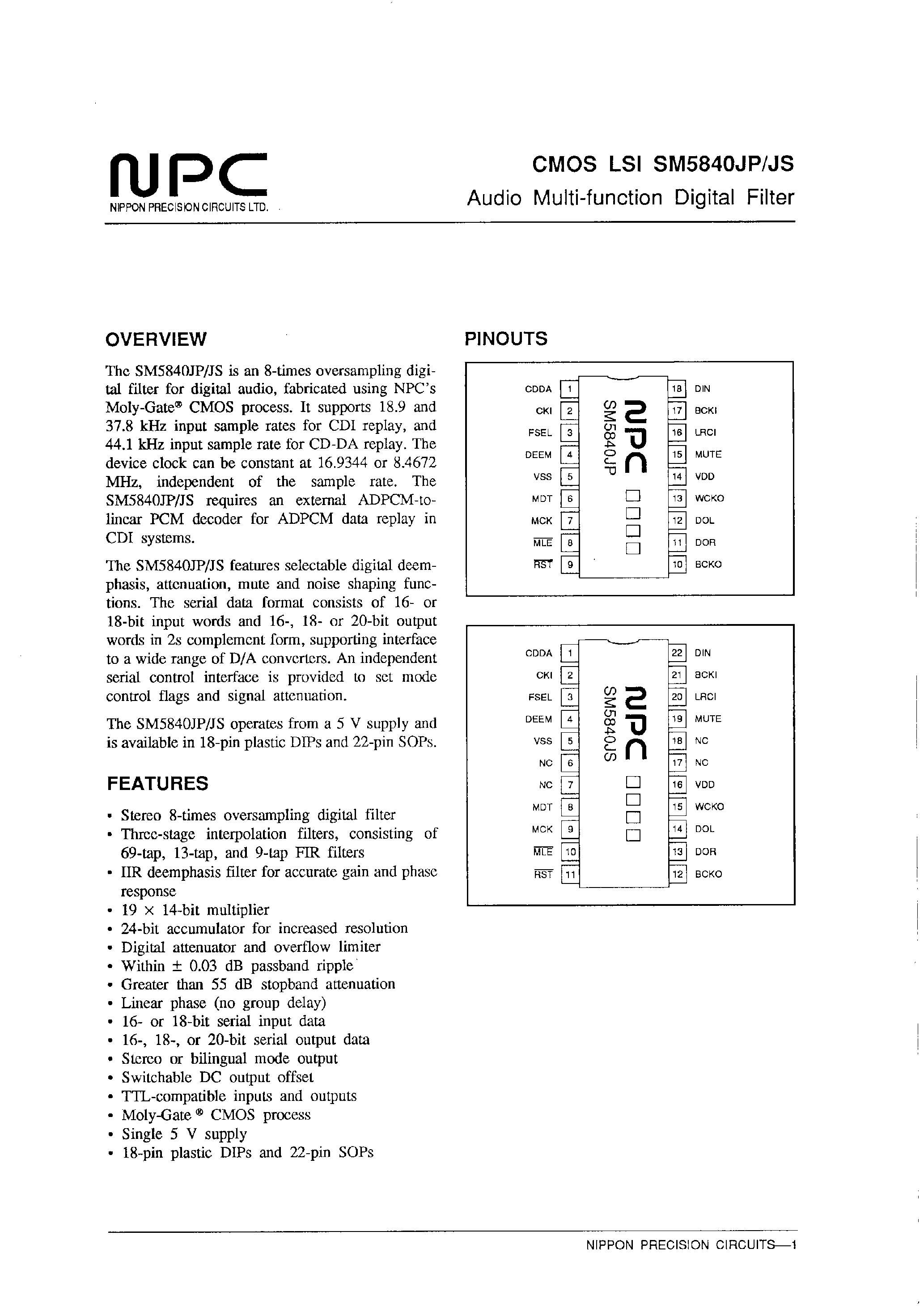 Даташит SM5840JP - Audio Multi-function Digital Filter страница 1