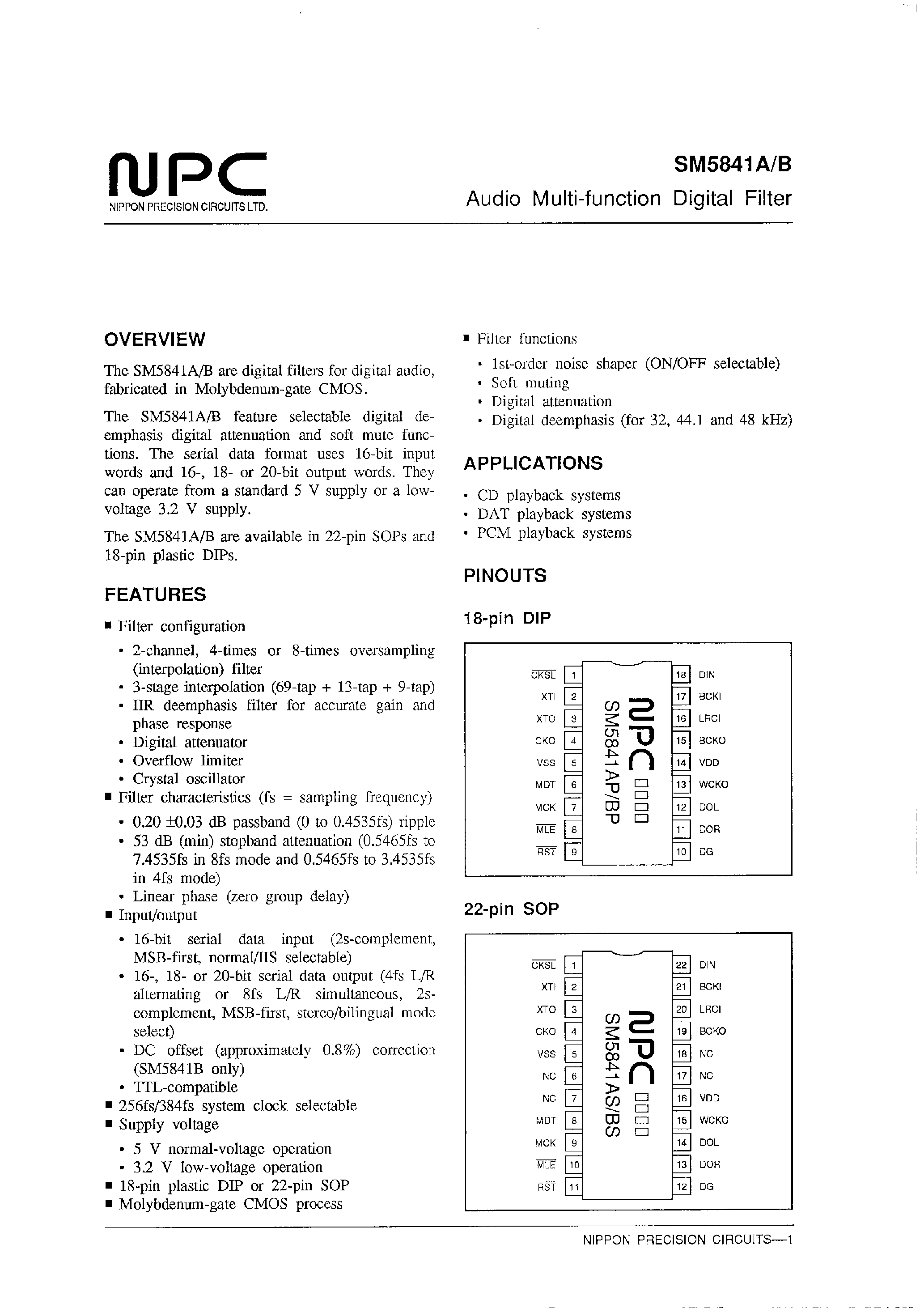 Даташит SM5841A - Audio Multi-function Digital Filter страница 1