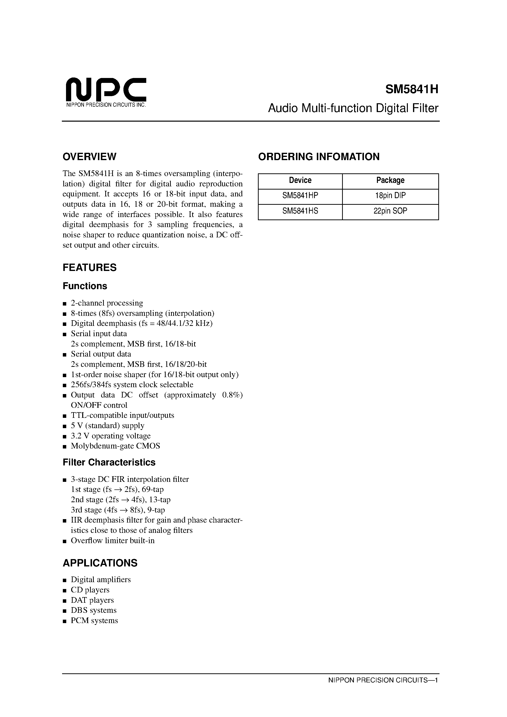 Даташит SM5841HP - Audio Multi-function Digital Filter страница 1