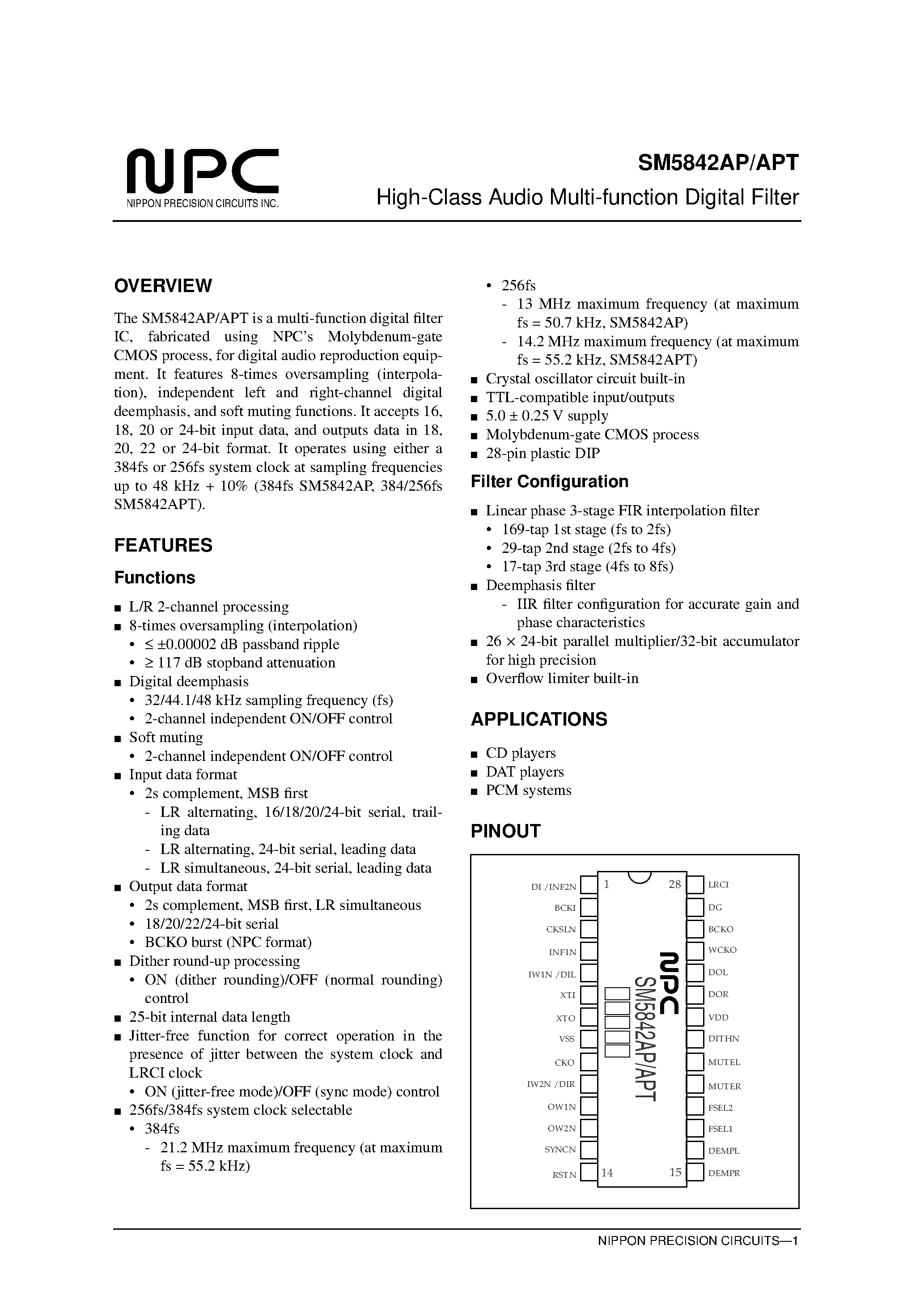 Даташит SM5842APT - High-Class Audio Multi-function Digital Filter страница 1
