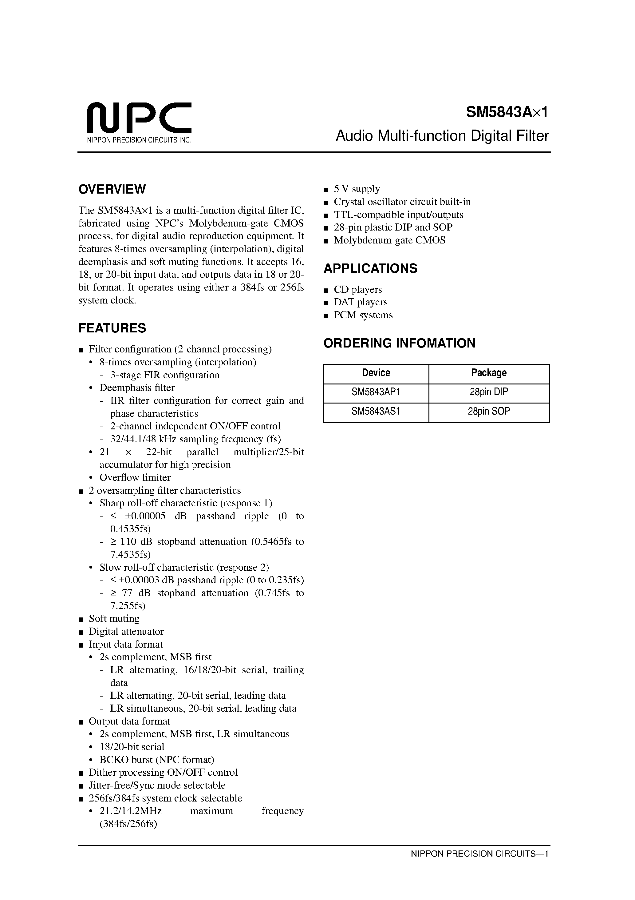 Даташит SM5843AS1 - Audio Multi-function Digital Filter страница 1