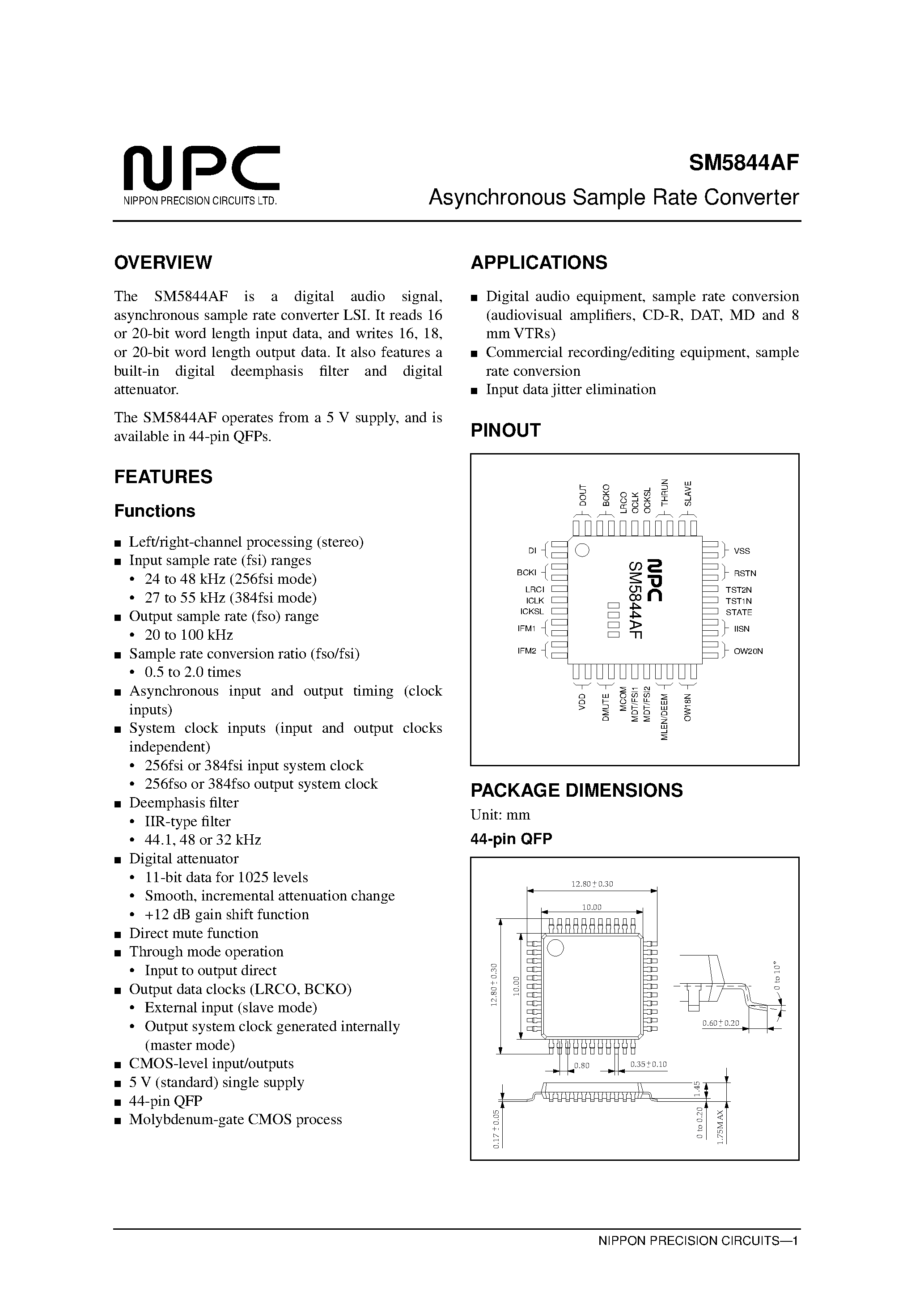 Даташит SM5844 - Asynchronous Sample Rate Converter страница 1