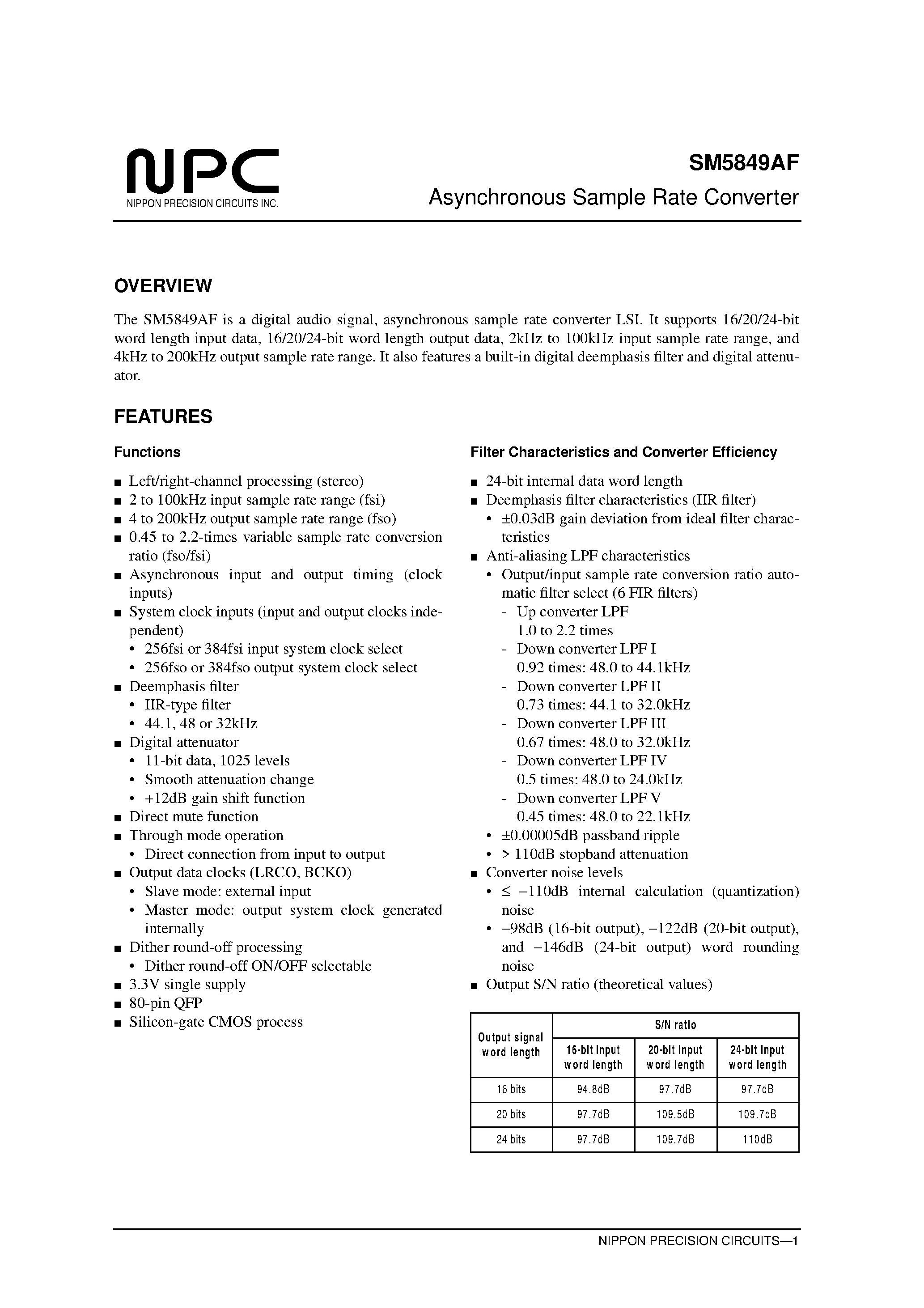 Даташит SM5849 - Asynchronous Sample Rate Converter страница 1